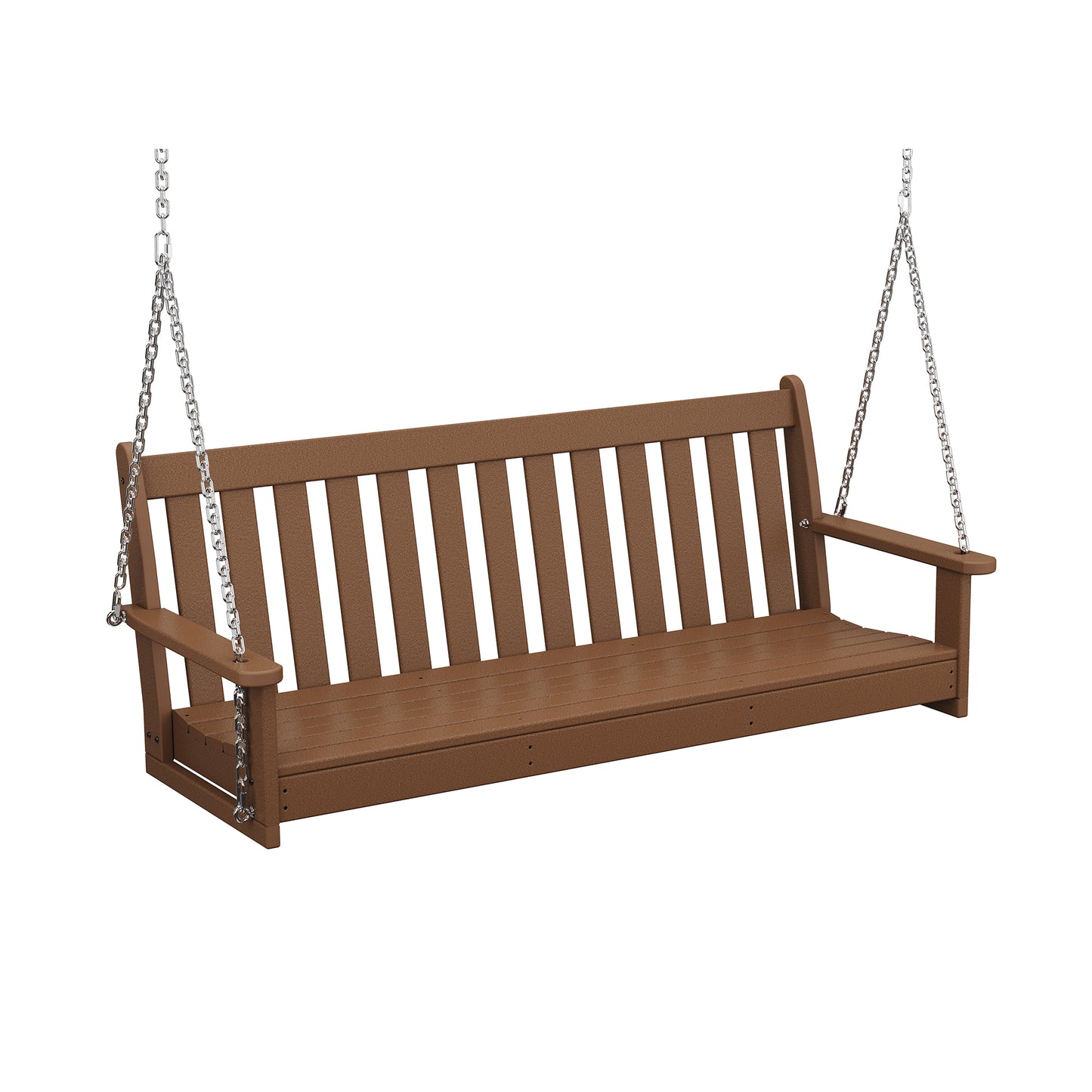 POLYWOOD Vineyard 60" Porch Swing with vertical slats and armrests made from recycled plastic, featuring sturdy metal chain supports.