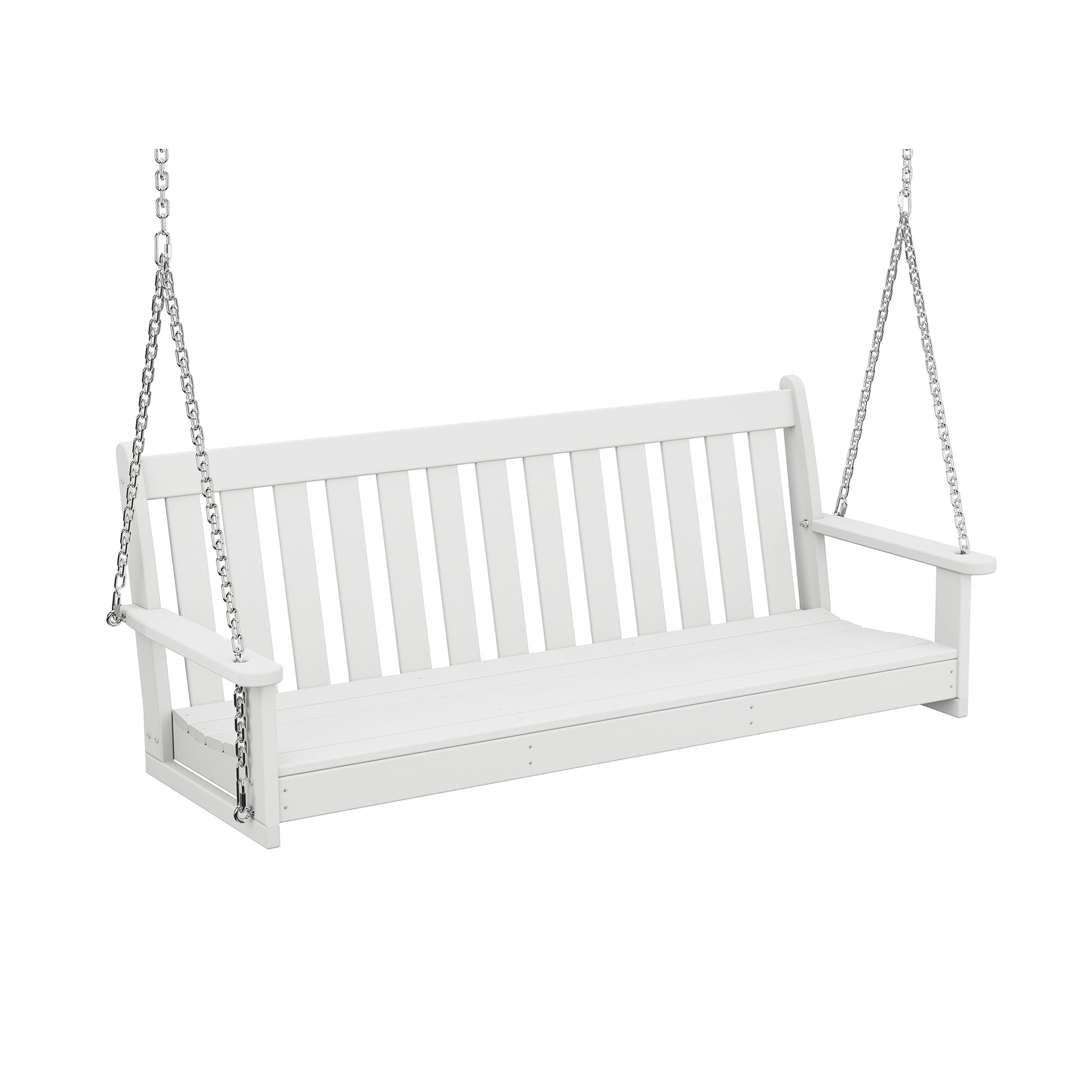 A white POLYWOOD® Vineyard 60" porch swing suspended by chains, featuring a slatted back and seat, with armrests on both sides, displayed against a white background.