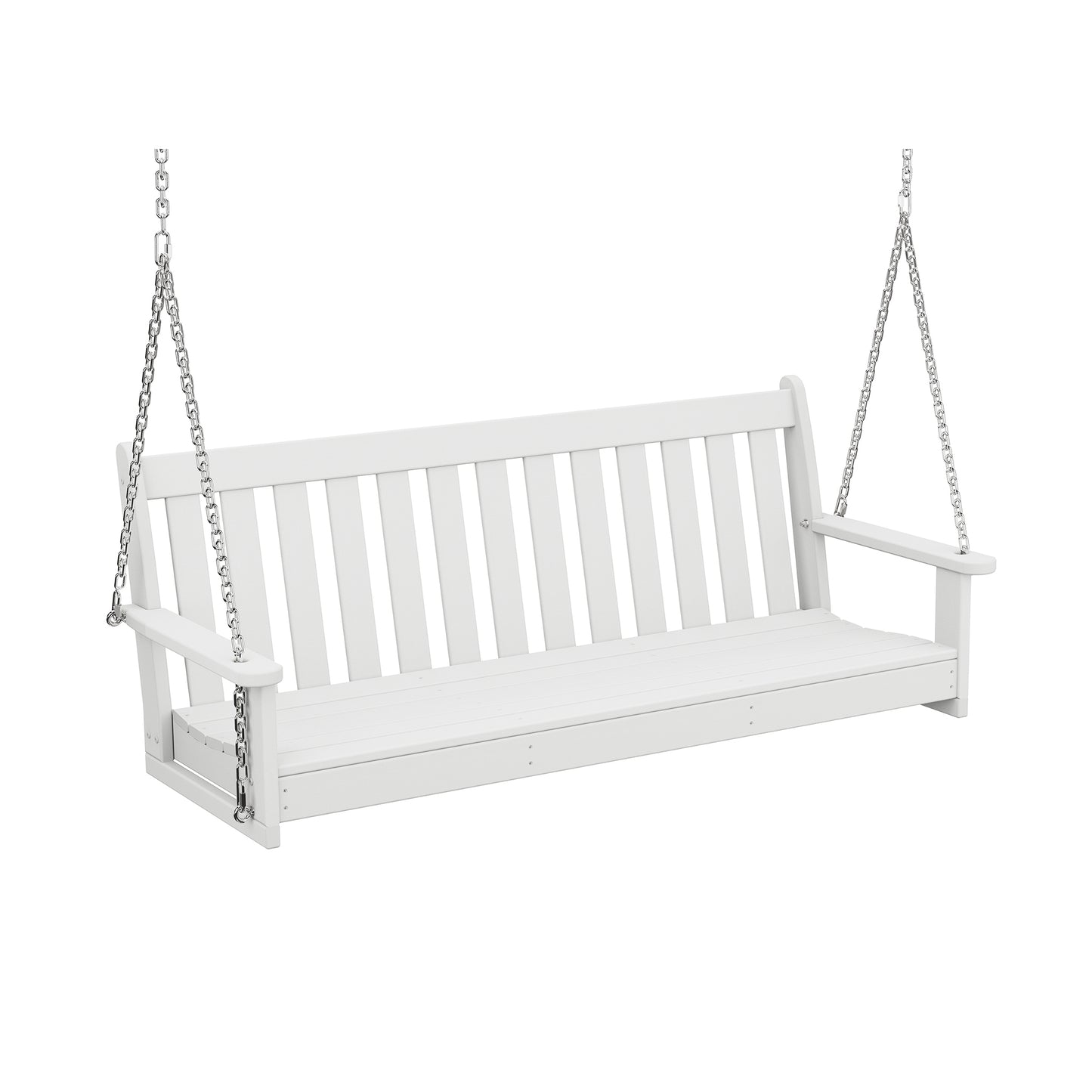 Classic white POLYWOOD Vineyard 60" Porch Swing with vertical slats, crafted from durable recycled plastic for all-weather durability.