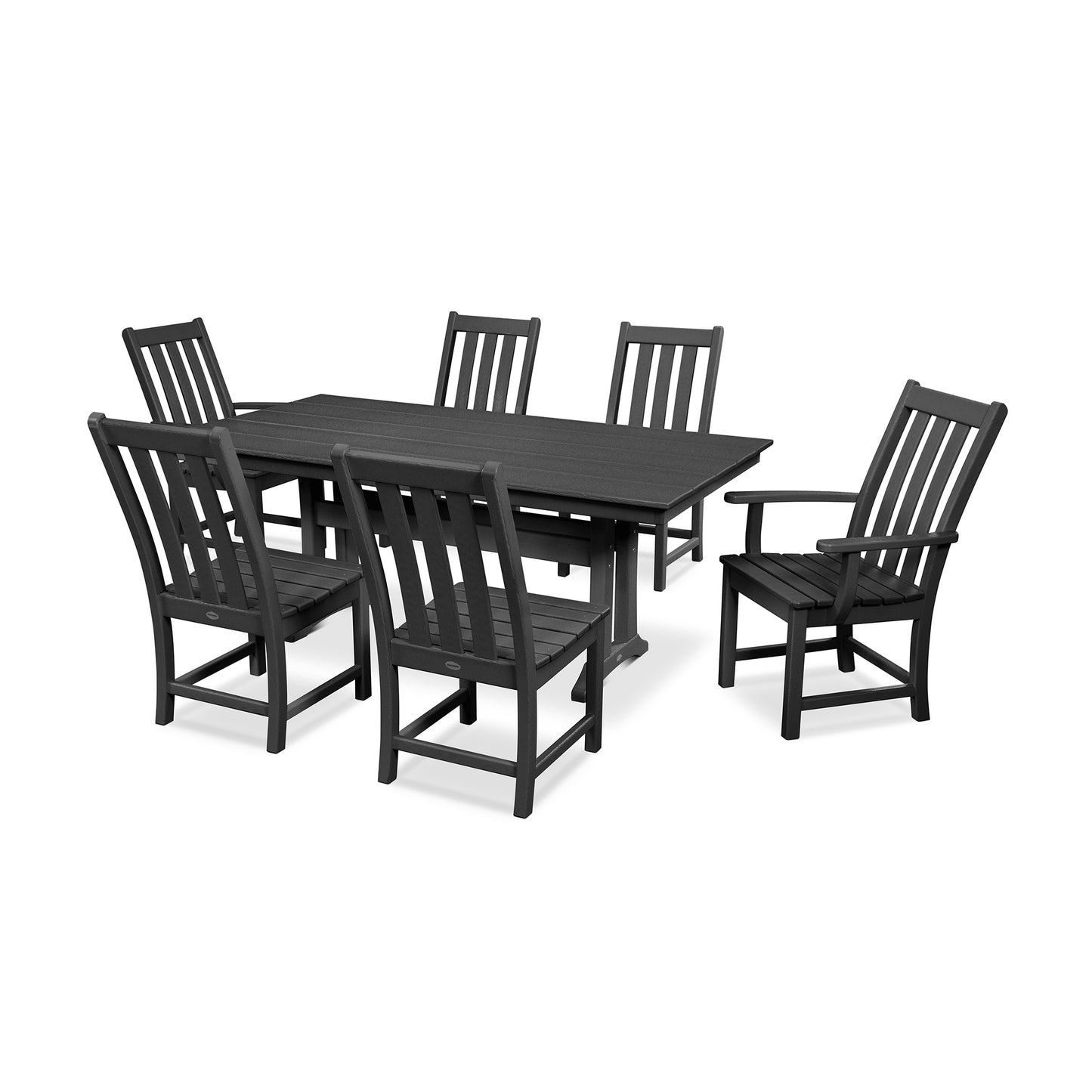 A modern outdoor dining set comprising a rectangular table and six chairs, all crafted in dark grey POLYWOOD Vineyard, with a slatted design, on a plain white background.