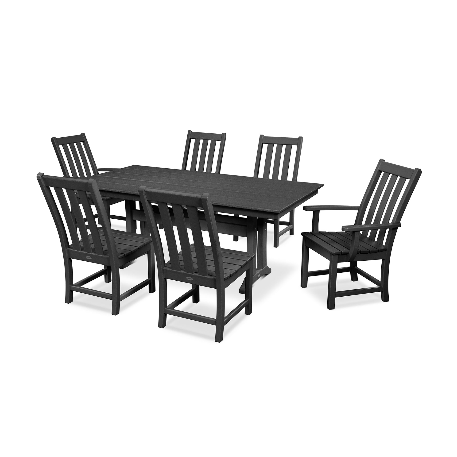 POLYWOOD Vineyard 7-Piece Farmhouse Trestle Dining Set with black wooden chairs featuring slatted backs and armrests.