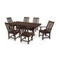 Outdoor dining set featuring a rectangular table and six chairs with vertical slat backs, all in dark brown, made from POLYWOOD to mimic wood.