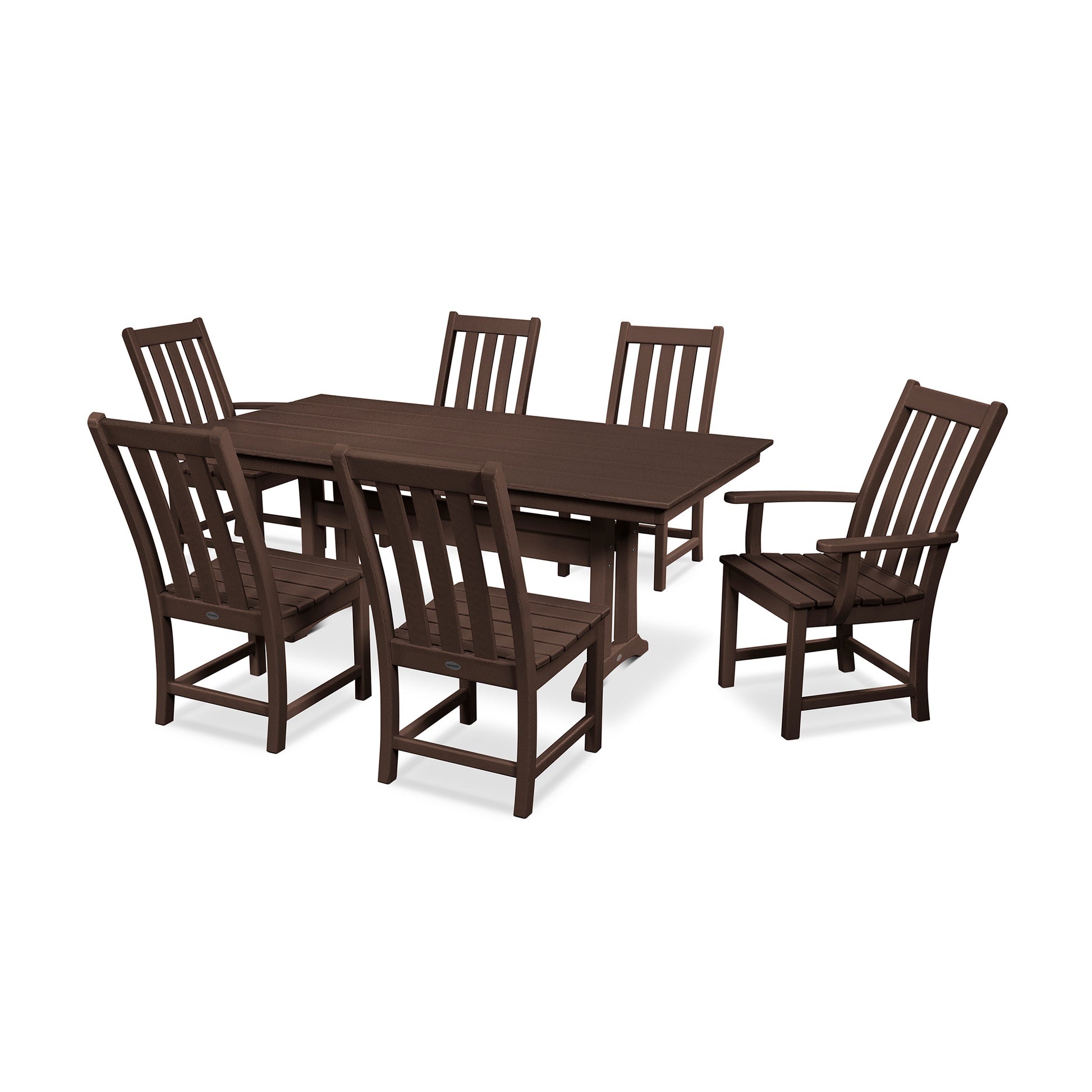 Dark brown POLYWOOD Vineyard 7-Piece Farmhouse Trestle Dining Set featuring a rectangular table and six matching chairs.