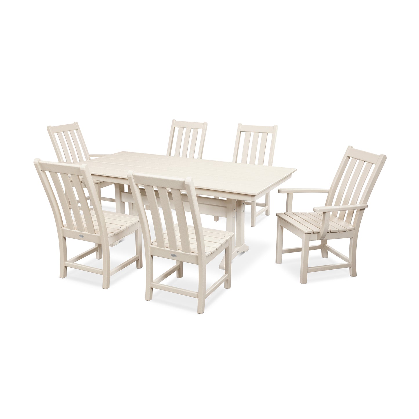 A modern POLYWOOD Vineyard 7-Piece Farmhouse Trestle Dining Set consisting of a rectangular table and six chairs, all in a matching pale beige color, isolated on a white background.