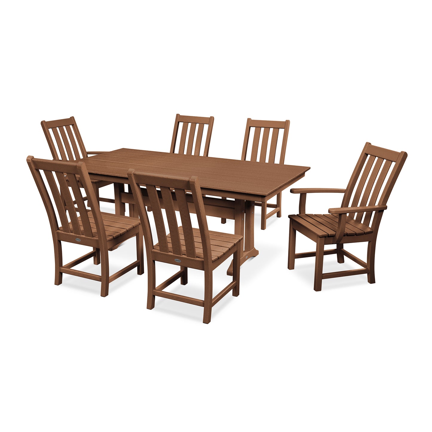 A set of brown, POLYWOOD Vineyard 7-Piece Farmhouse Trestle Dining Set featuring a large rectangular table and six matching chairs with vertical slat backs, arranged on a white background.