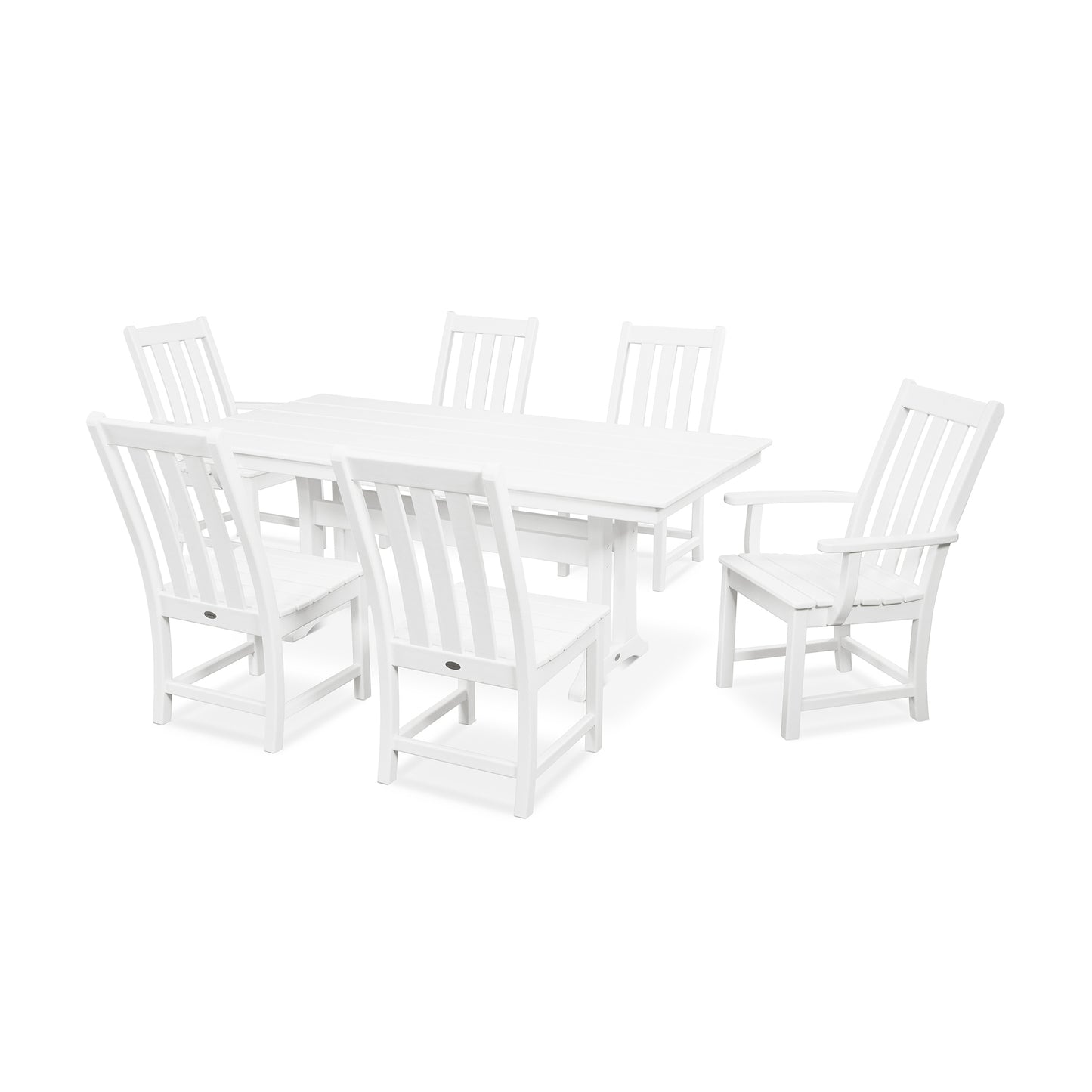A white POLYWOOD Vineyard 7-Piece Farmhouse Trestle Dining Set featuring a rectangular table and six matching chairs with vertical slat backs, arranged on a plain white background.