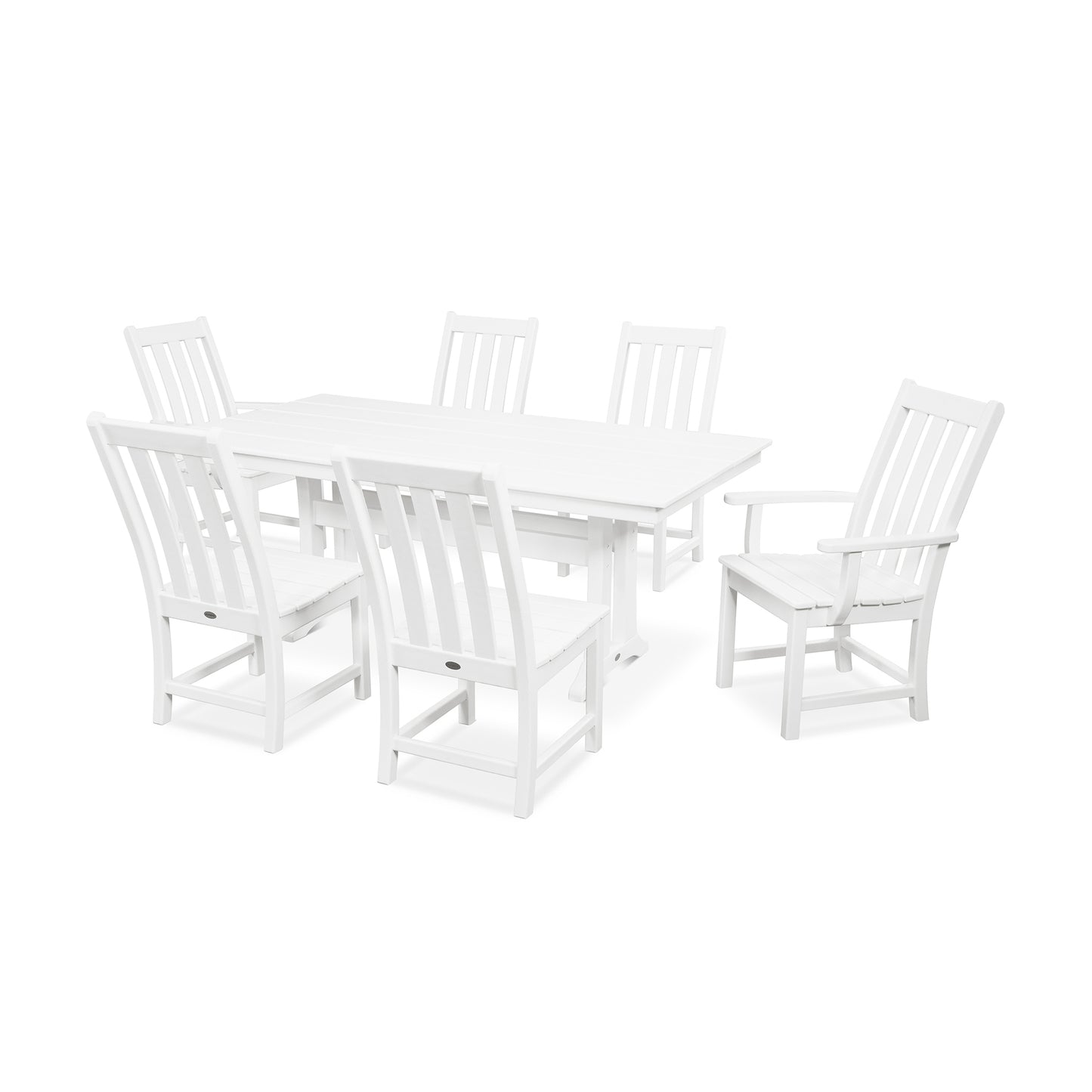 POLYWOOD Vineyard 7-piece furniture set featuring a white trestle table and six matching chairs.
