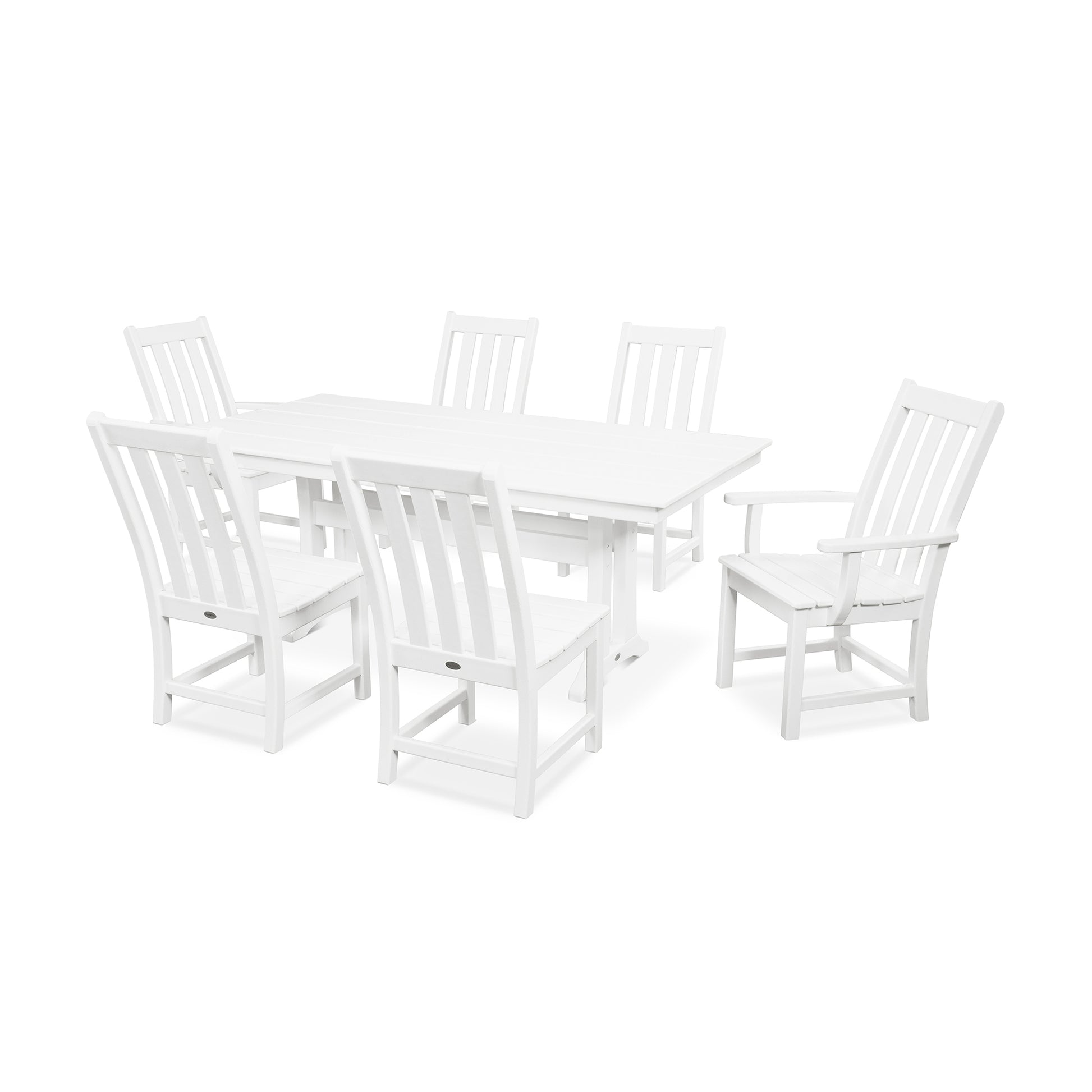 POLYWOOD Vineyard 7-piece furniture set featuring a white trestle table and six matching chairs.