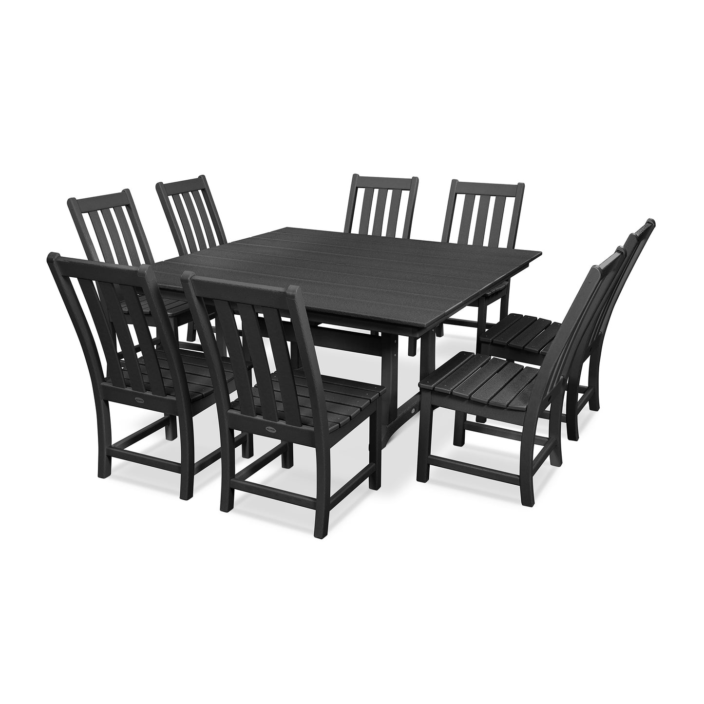 A modern outdoor dining set featuring a large black POLYWOOD Vineyard 9-Piece Farmhouse Trestle Dining Set table and six matching chairs, all made from durable POLYWOOD material, displayed on a white background.