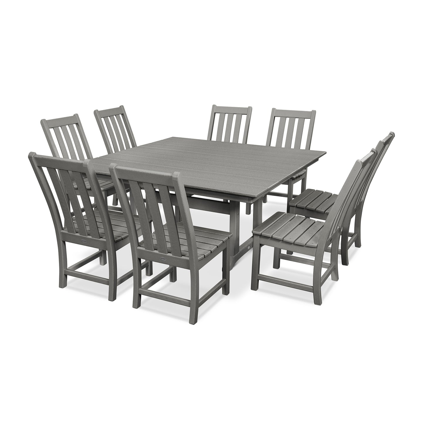 A modern POLYWOOD® Vineyard 9-Piece Farmhouse Trestle outdoor dining set featuring a large rectangular table and six chairs, all made of gray synthetic materials designed to mimic wood slats. The set is arranged on a plain