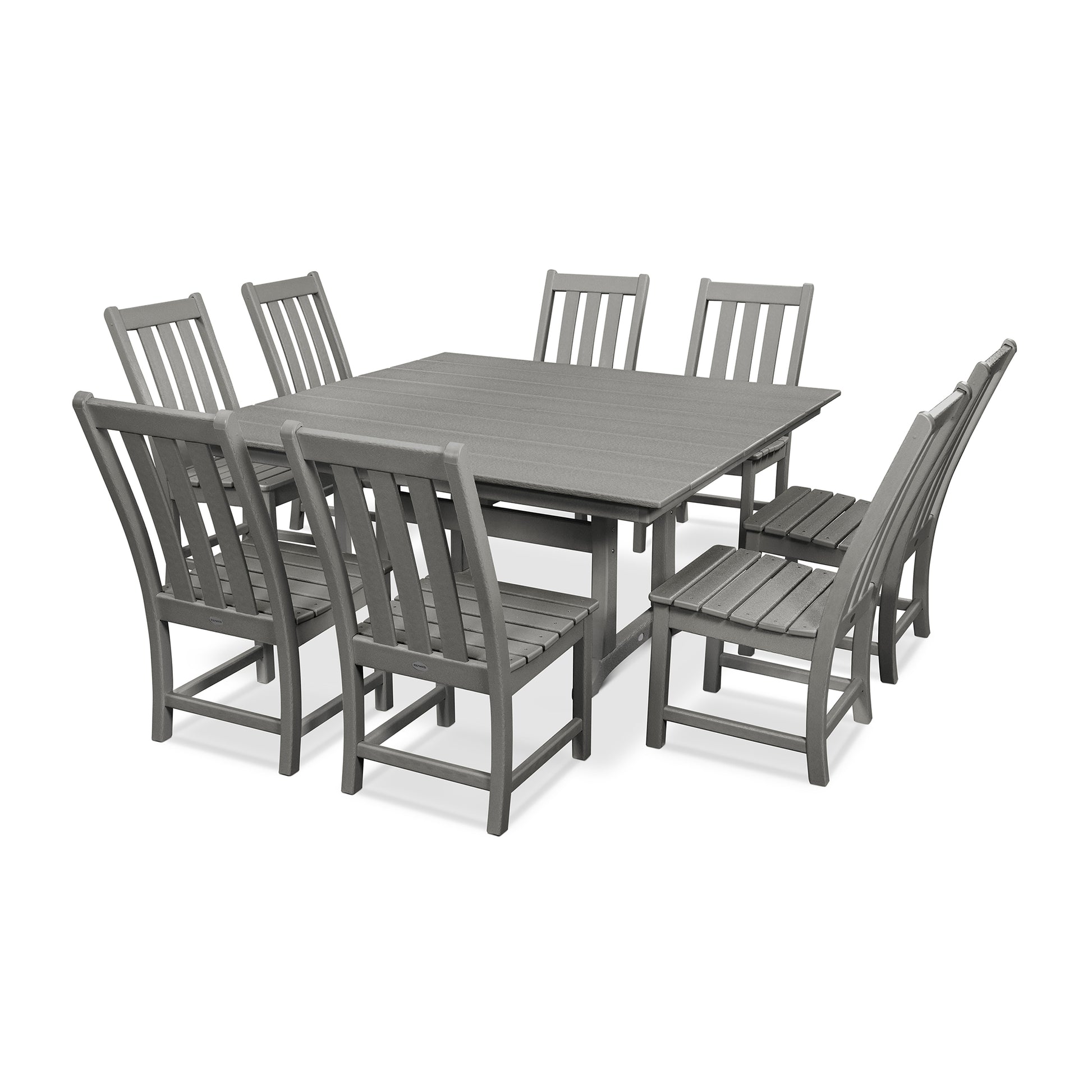 Gray POLYWOOD Vineyard dining set featuring a 9-piece arrangement with eight matching chairs and table.