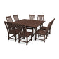 A dark brown POLYWOOD® Vineyard 9-Piece Farmhouse Trestle Dining Set with a rectangular table and six matching chairs on a white background. The chairs feature vertical slat backs.