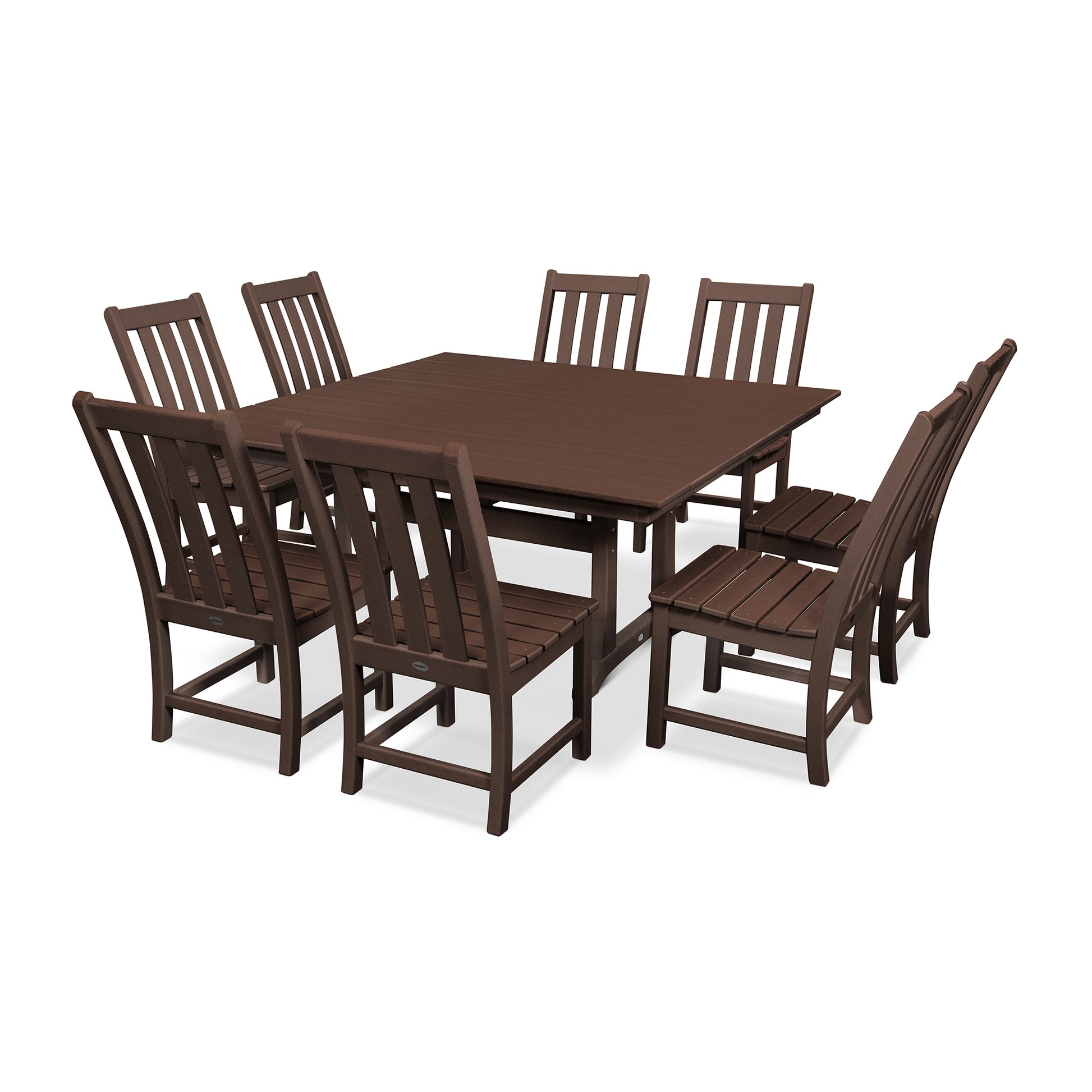 POLYWOOD Vineyard dining set with a durable brown farmhouse trestle table and eight elegant slatted chairs.