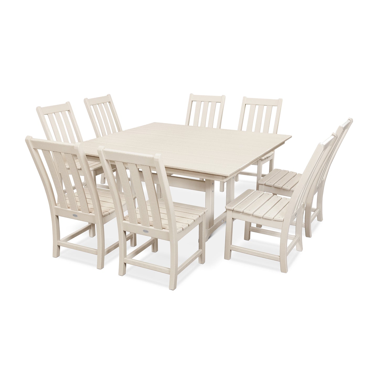 A modern POLYWOOD® Vineyard 9-Piece Farmhouse Trestle Dining Set featuring a rectangular table and six matching chairs, all in white, arranged on a plain white background. The furniture has a sleek, minimalist design.