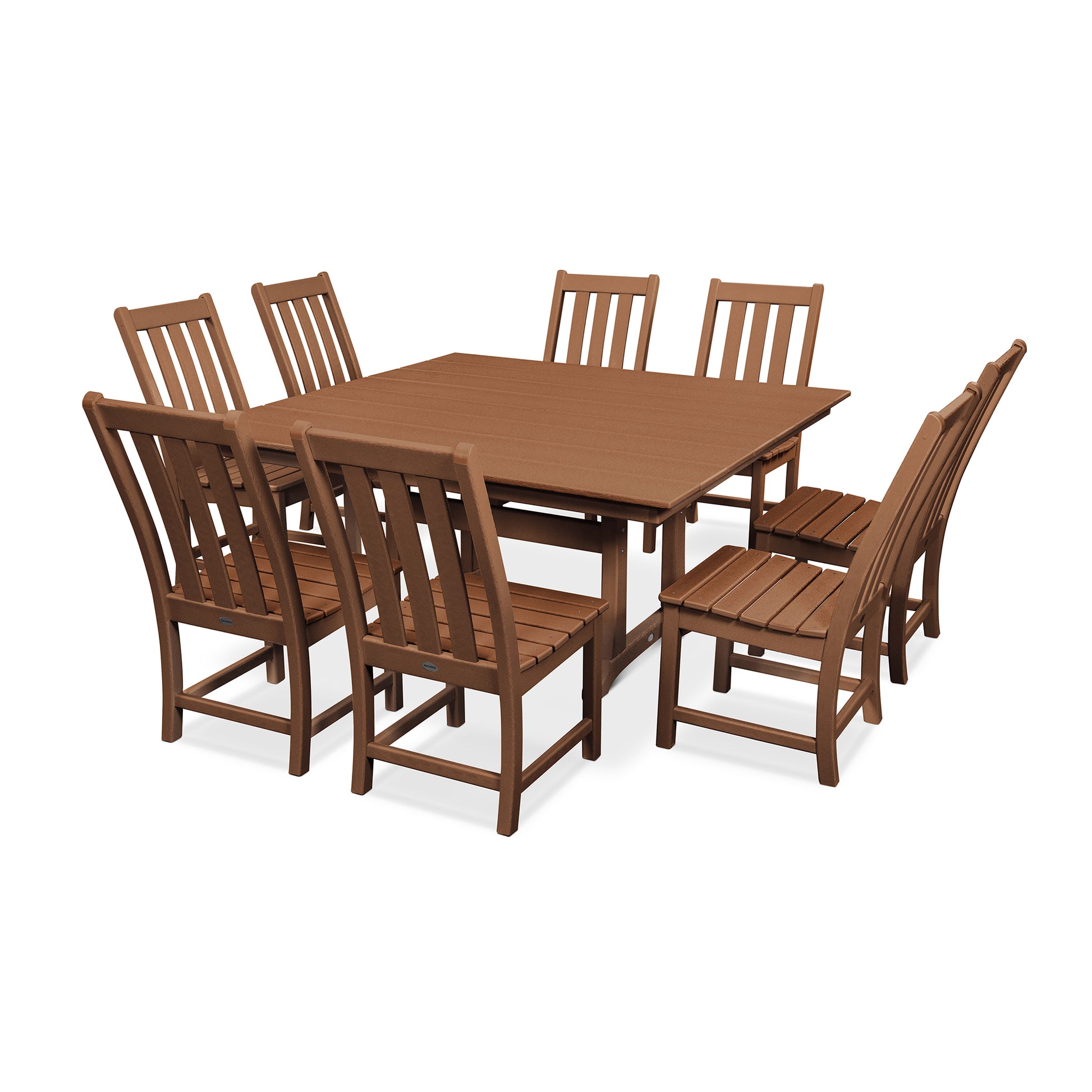 A brown POLYWOOD® Vineyard 9-Piece Farmhouse Trestle Dining Set consisting of a rectangular table and six matching chairs with vertical slat backs, all made of synthetic wood, isolated on a white background.