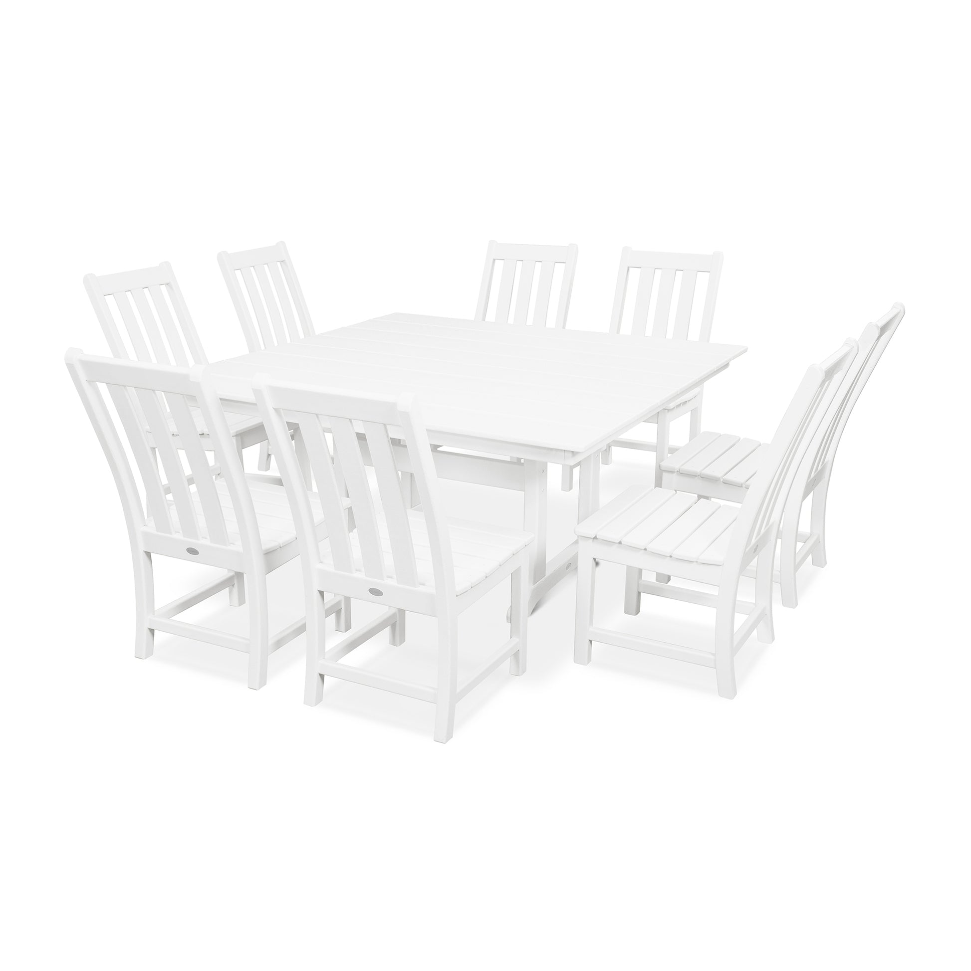 A white POLYWOOD® Vineyard 9-Piece Farmhouse Trestle Dining Set comprising a rectangular table and six matching chairs with slatted backs and seats, arranged on a plain white background.