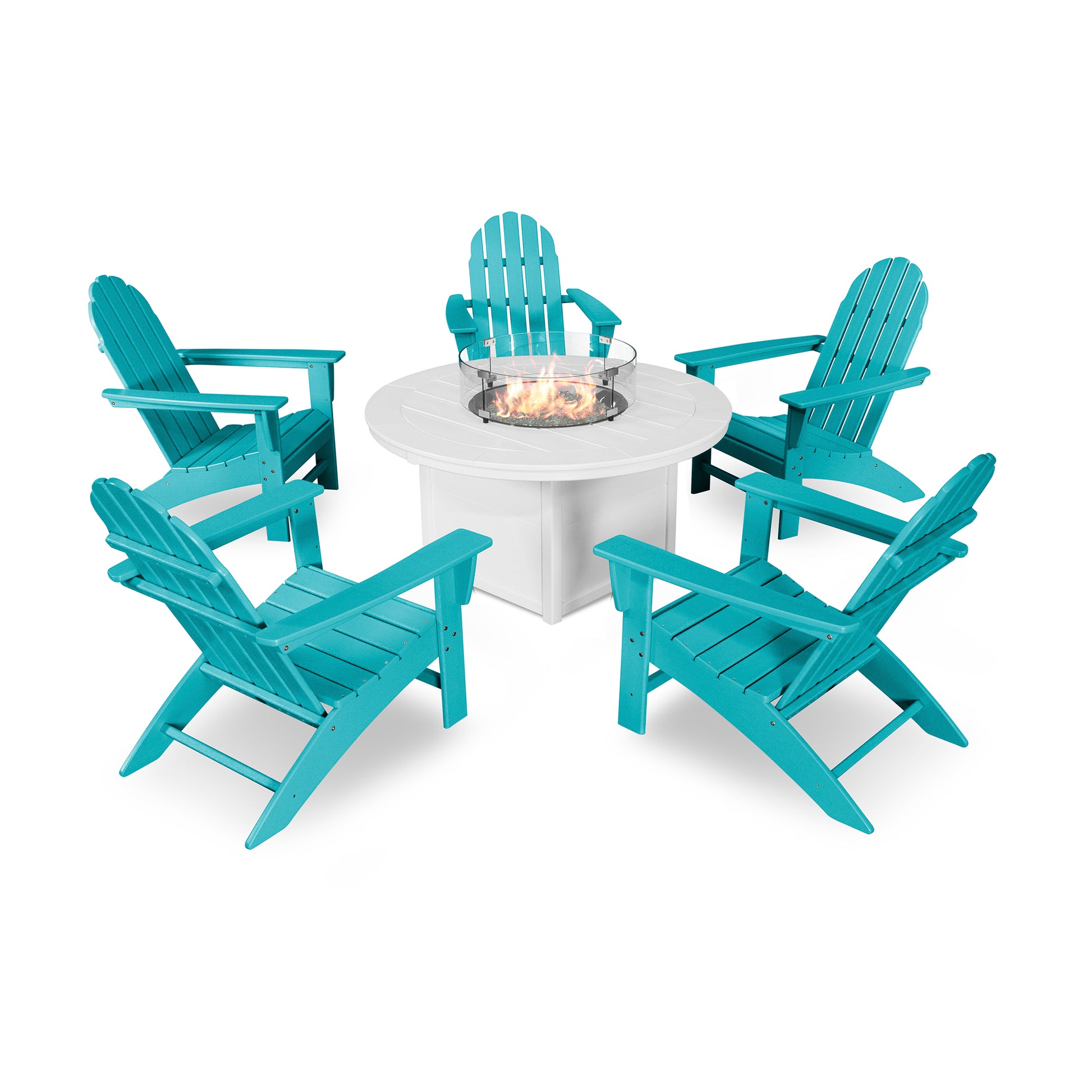 POLYWOOD Vineyard Adirondack 6-Piece Chat Set with fire pit table.