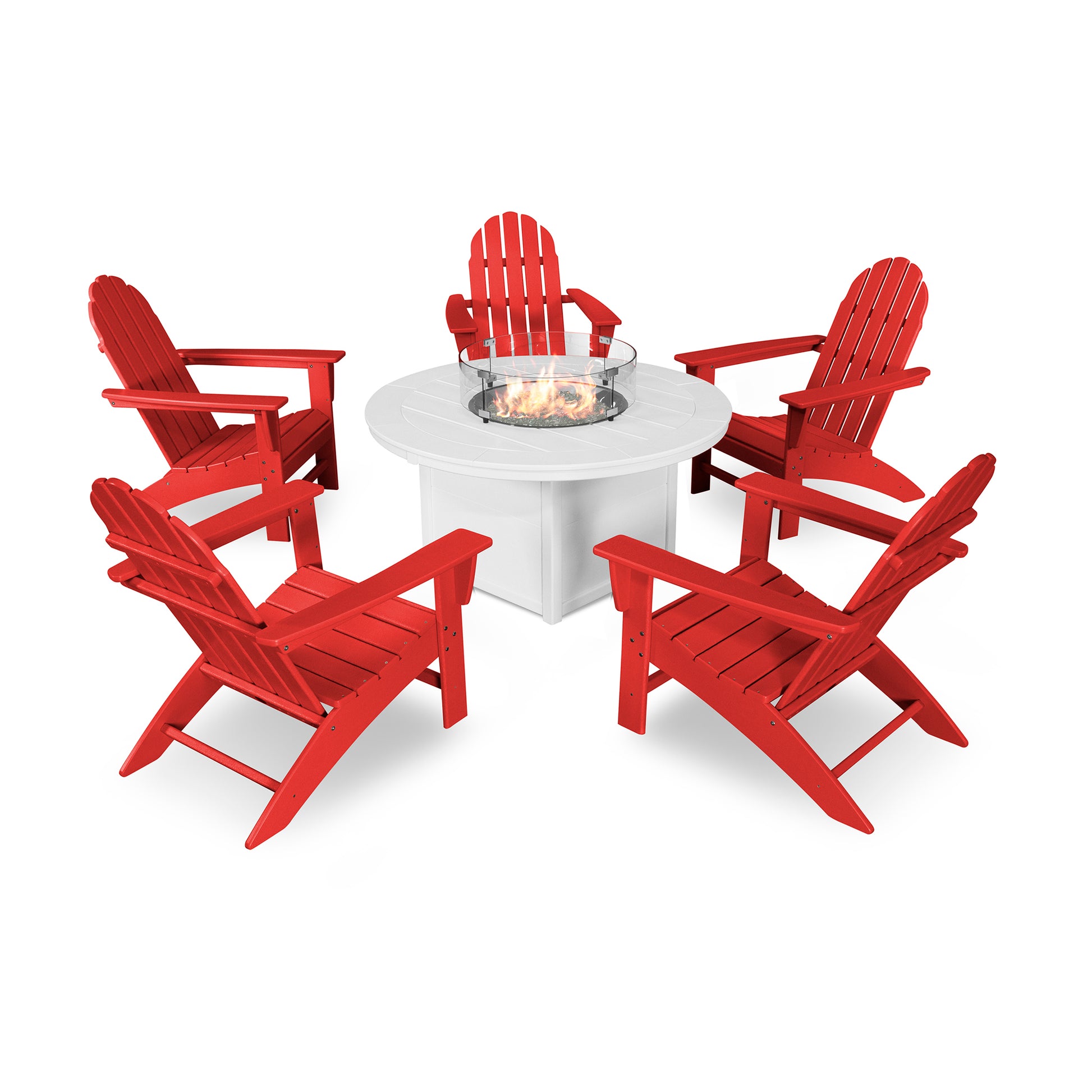 POLYWOOD Vineyard Adirondack 6-Piece Chat Set with Fire Pit Table showcasing four sturdy, comfortable chairs centered around a cozy fire pit table.