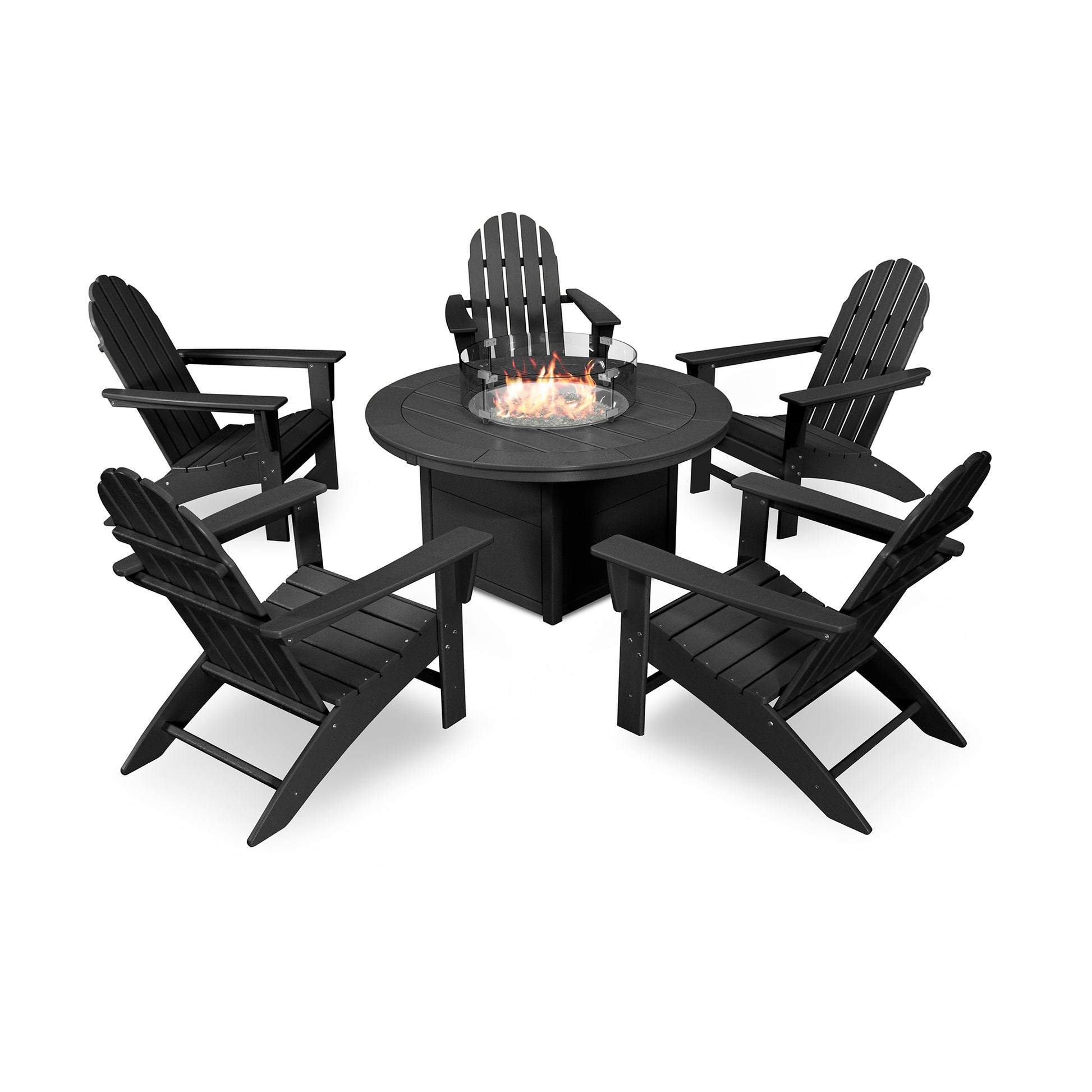 POLYWOOD Vineyard Adirondack 6-Piece Chat Set with four chairs and a round fire pit table.