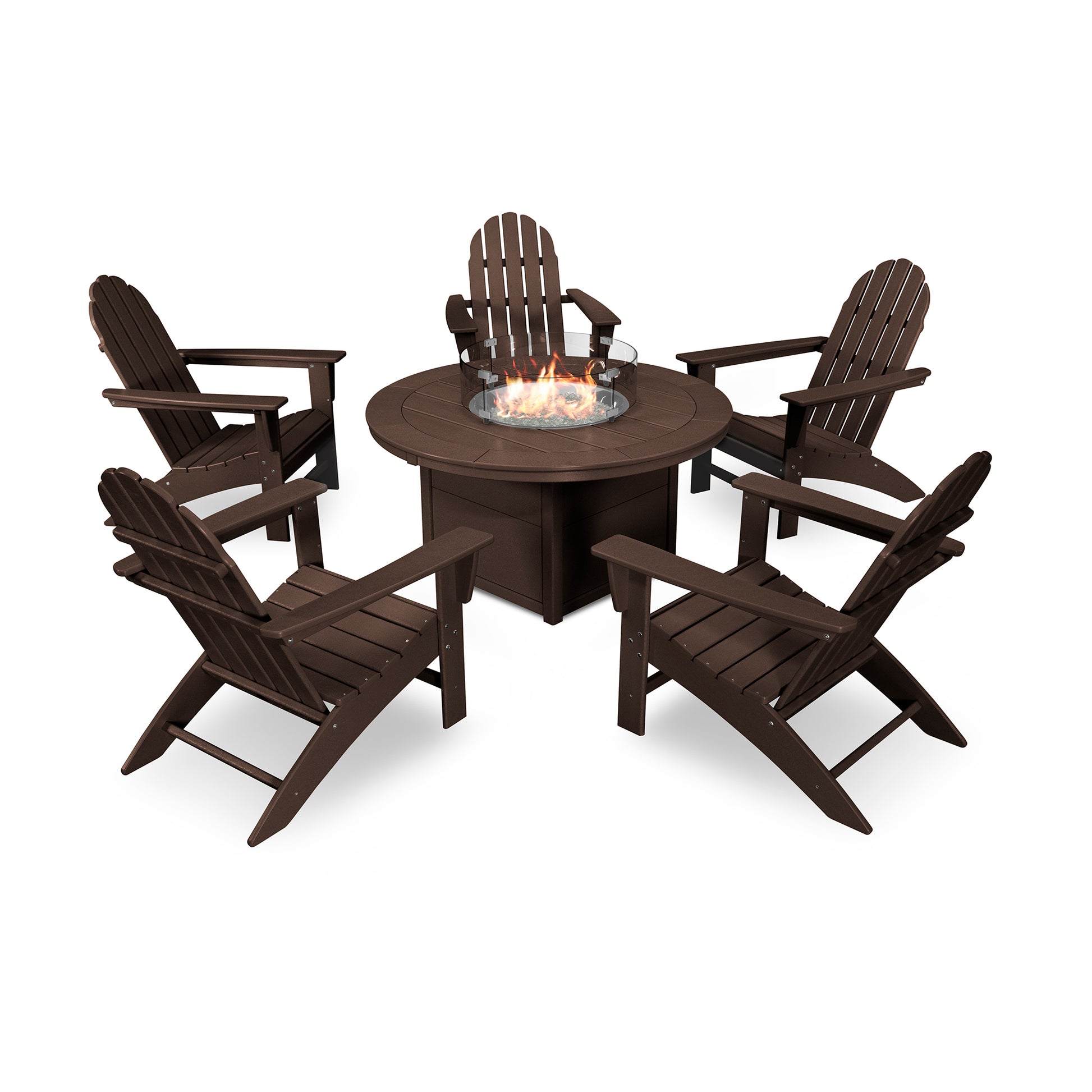 Five POLYWOOD Vineyard Adirondack Chairs surrounding a Fire Pit Table.