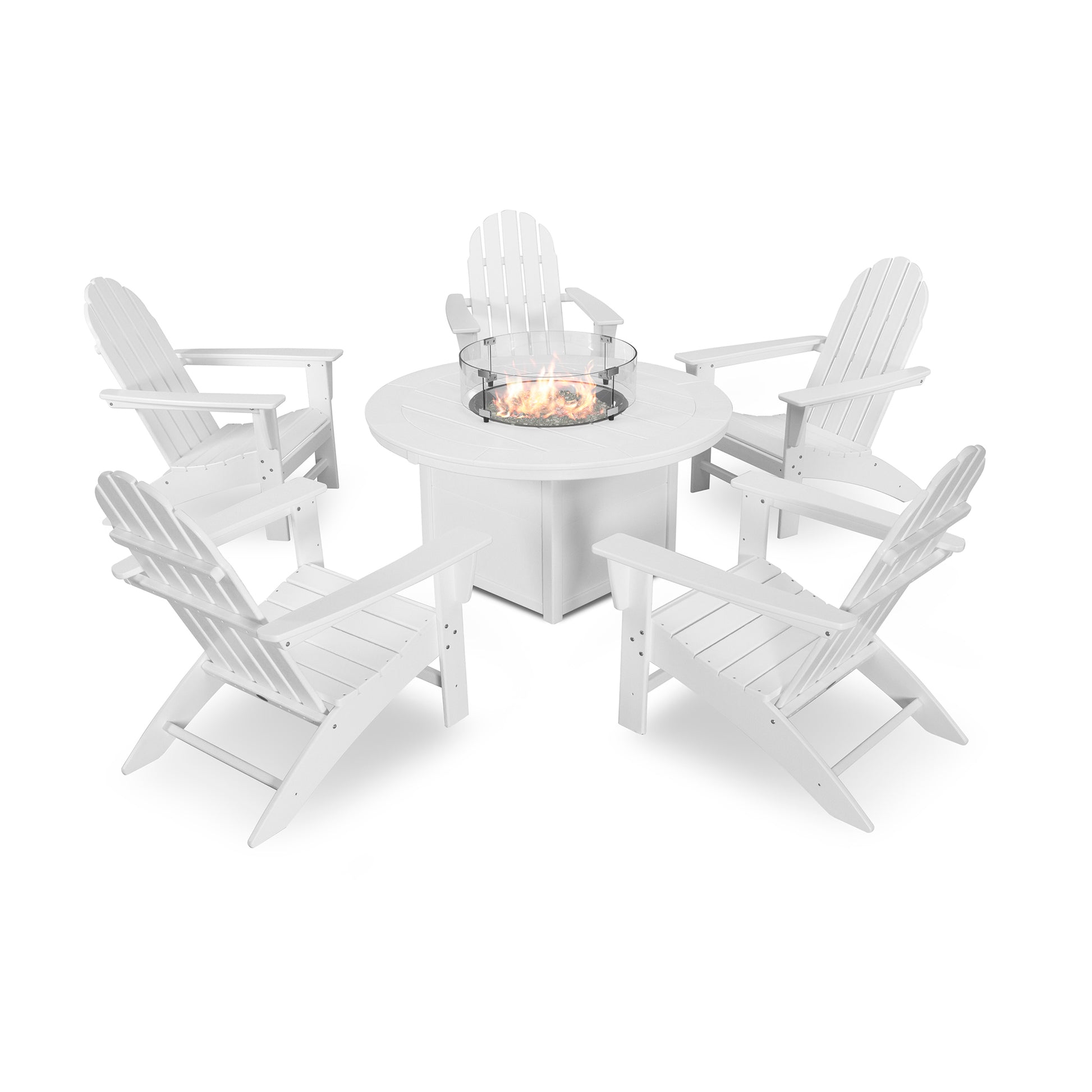 POLYWOOD Vineyard 6-piece set with white Adirondack chairs and a fire pit table.