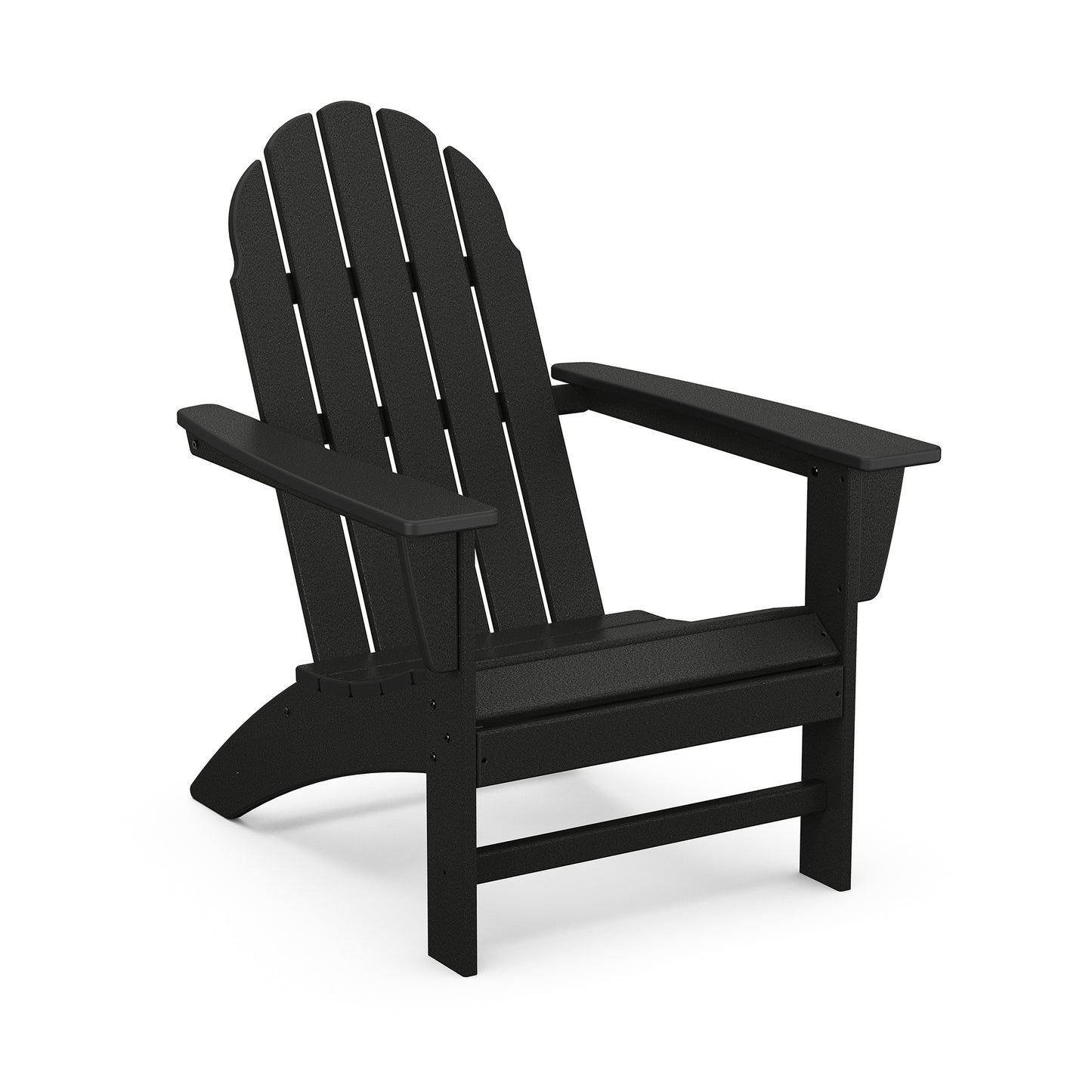 Black POLYWOOD Vineyard Adirondack chair with slatted back and wide armrests.