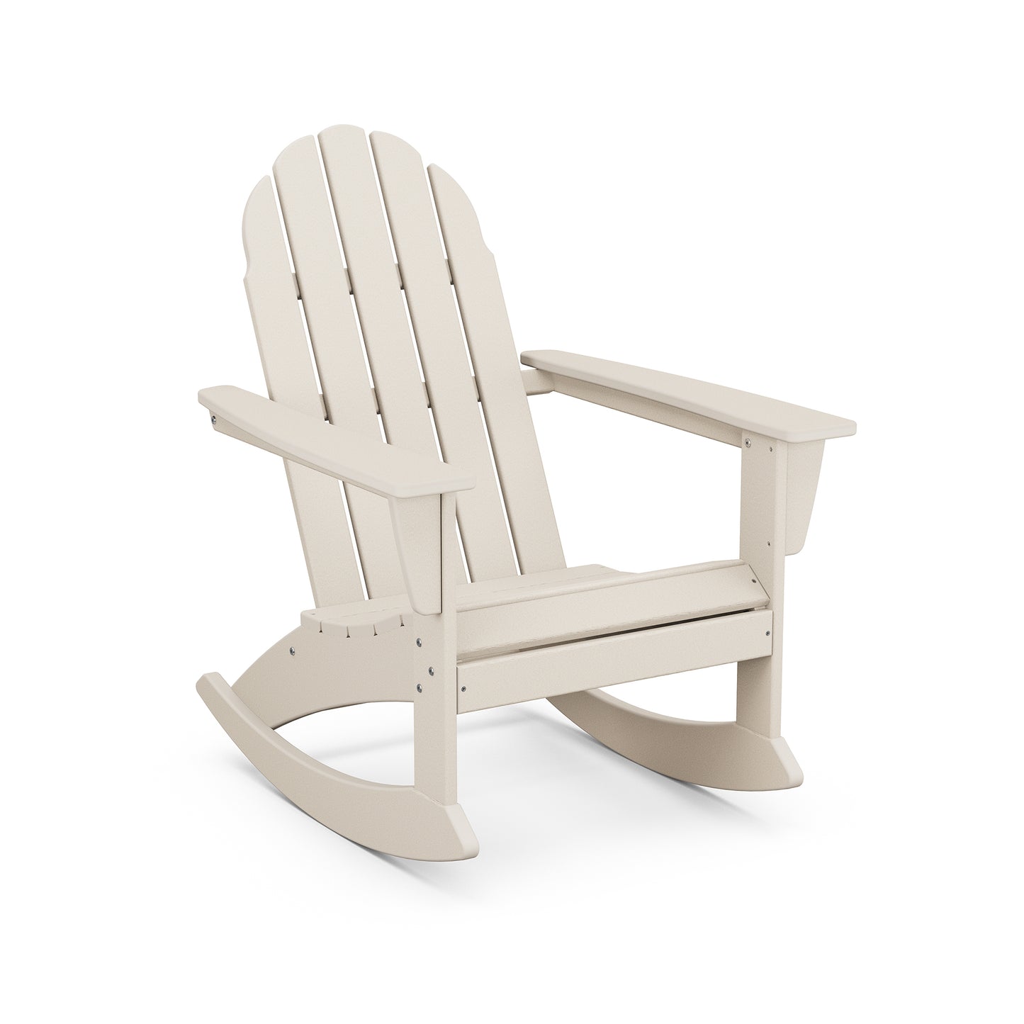 Beige POLYWOOD Vineyard Adirondack Rocking Chair with slatted back and wide armrests.