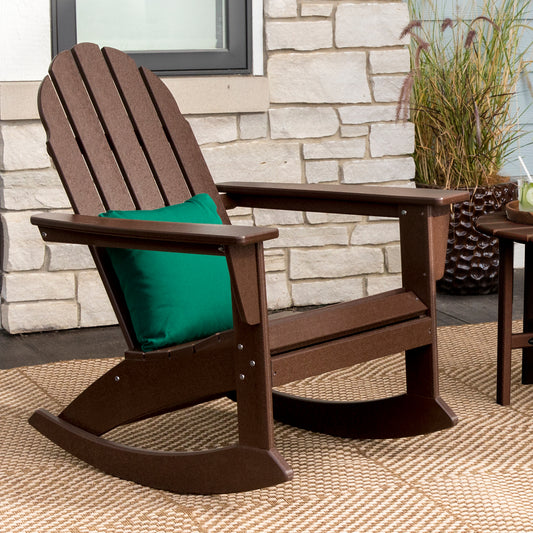 POLYWOOD Vineyard Adirondack Rocking Chair with green cushion, showcasing elegant design and comfort.