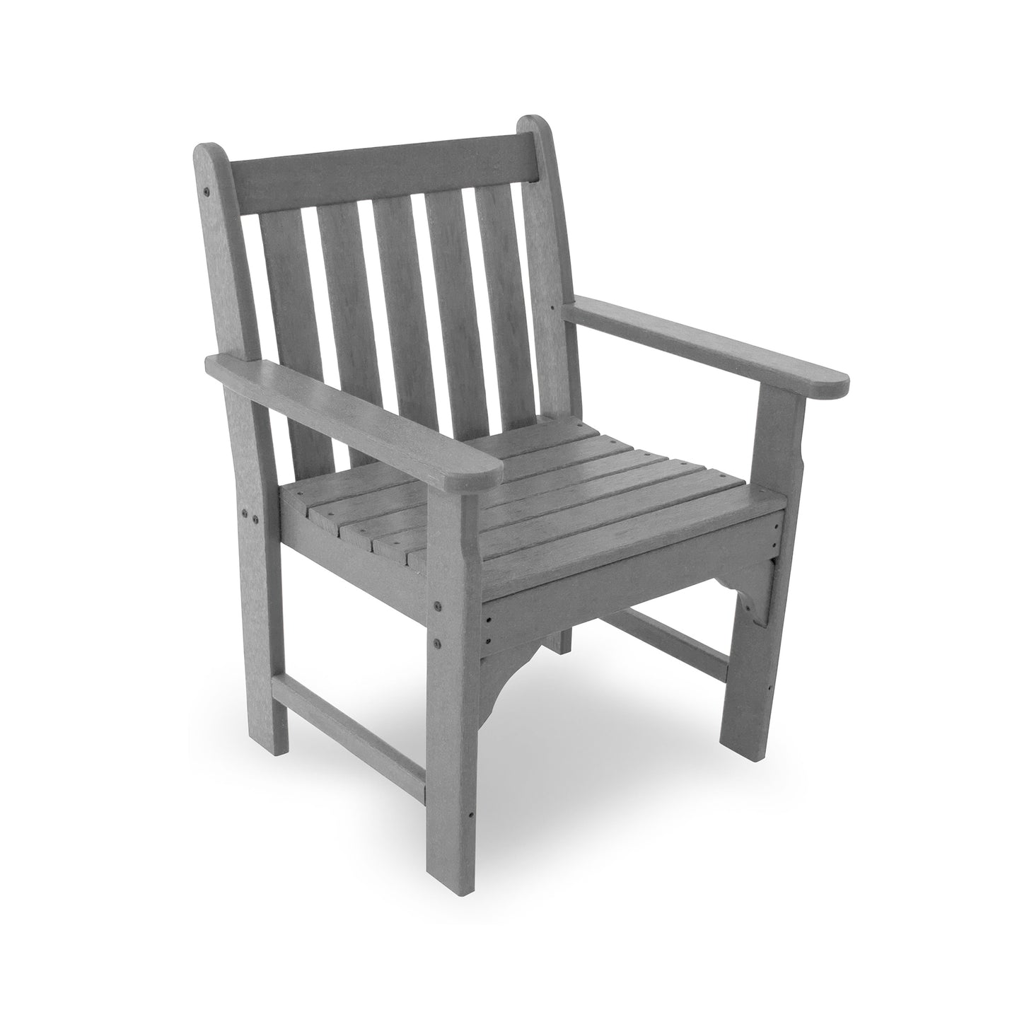 Gray POLYWOOD Vineyard Arm Chair featuring a slatted design with armrests, crafted from weather-resistant recycled plastic.