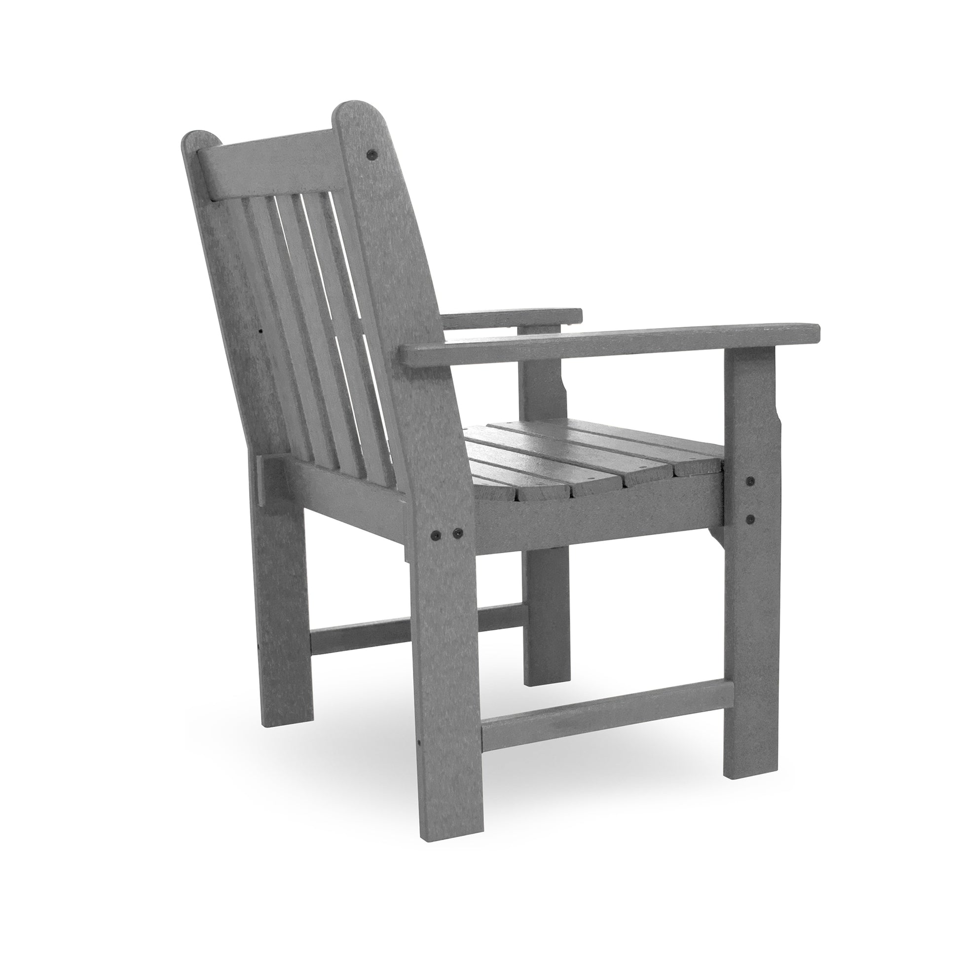 A single gray POLYWOOD® Vineyard Arm Chair, made of recycled plastic, featuring a slatted back and seat with a wide armrest, isolated on a white background.
