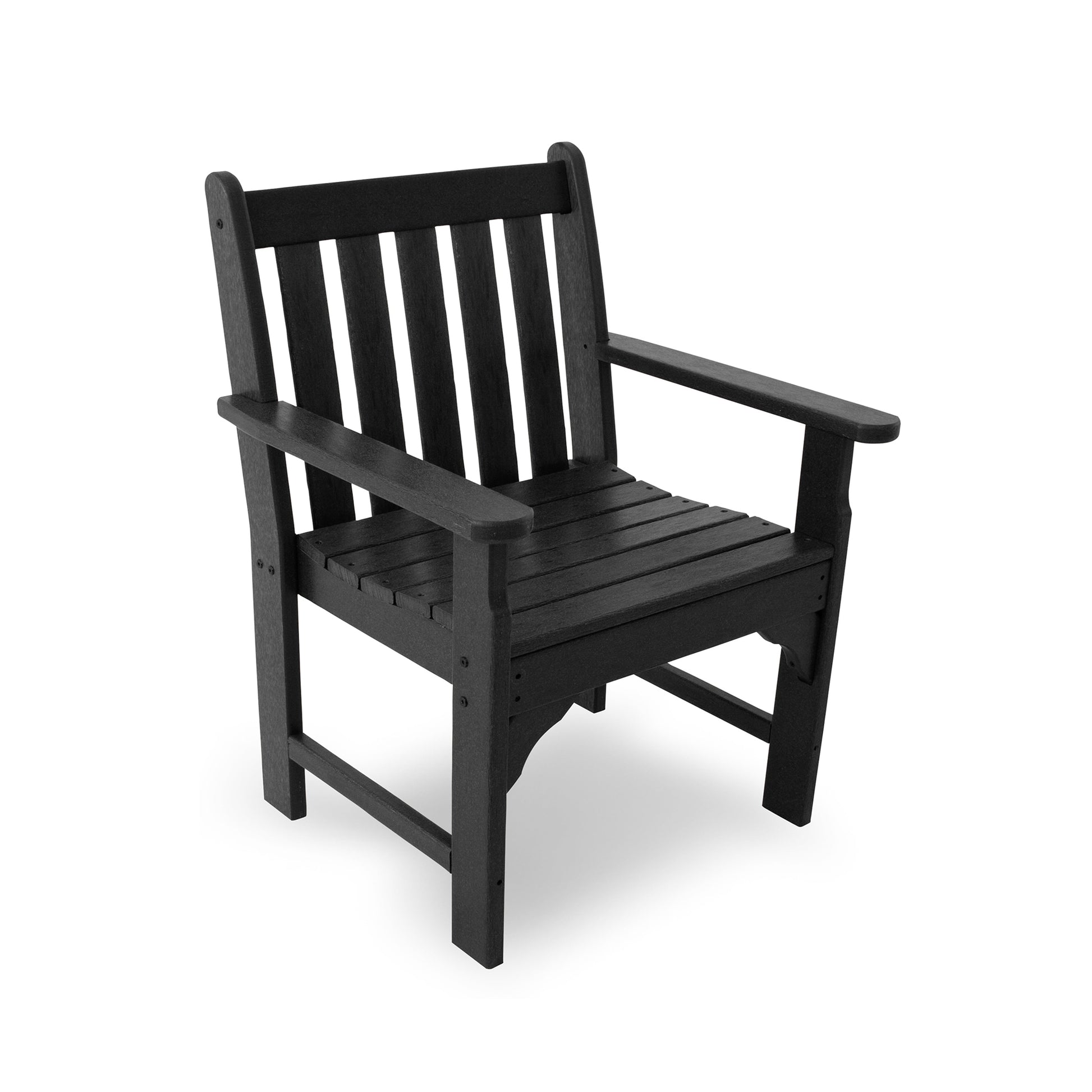 A black POLYWOOD® Vineyard Arm Chair with armrests and vertical slats on the back and seat, isolated on a white background.