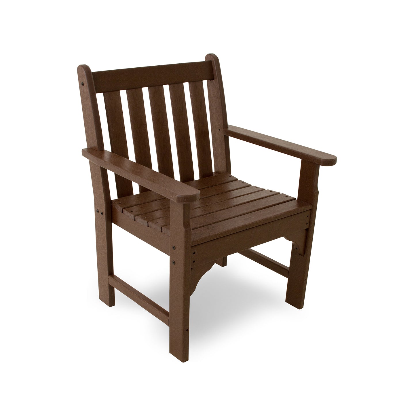 A single brown POLYWOOD Vineyard Arm Chair with a vertical slat back and seat, and wide armrests, isolated on a white background.