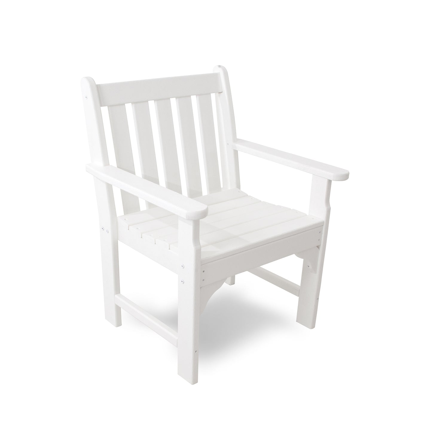 A white POLYWOOD Vineyard Arm Chair with a straight back and armrests, isolated on a white background.
