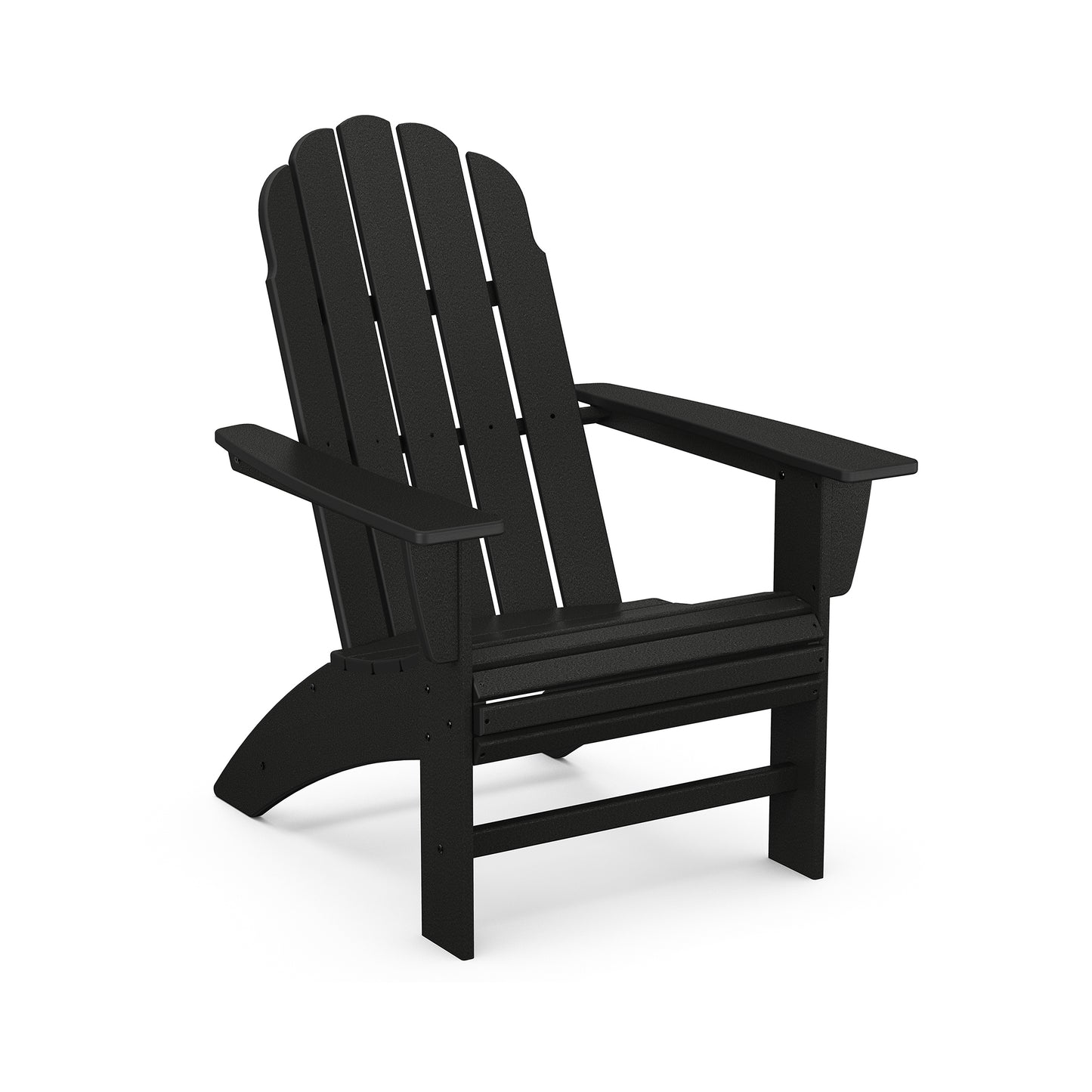 A black POLYWOOD® Vineyard Curveback Adirondack chair made of plastic, featuring a high back and wide armrests, isolated on a white background.