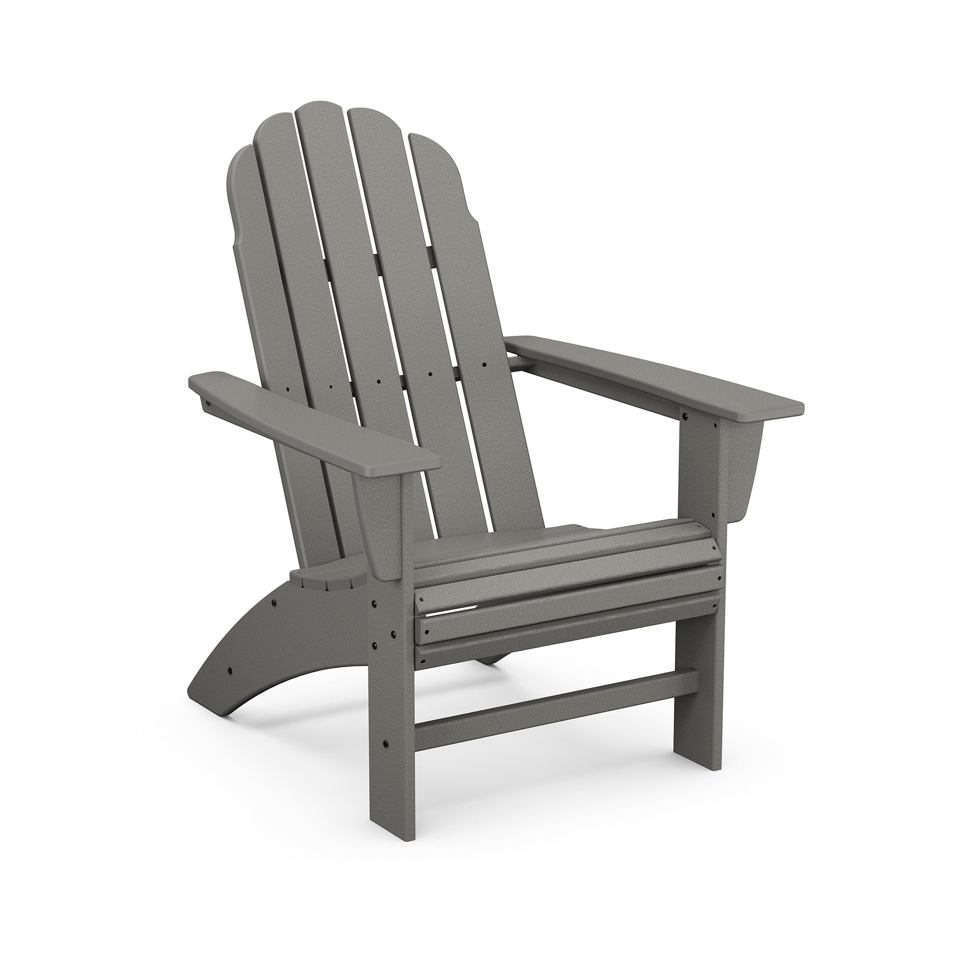A modern gray POLYWOOD® Vineyard Curveback Adirondack chair made of plastic, shown against a plain white background. The chair features a slatted back and seat with wide armrests, designed as