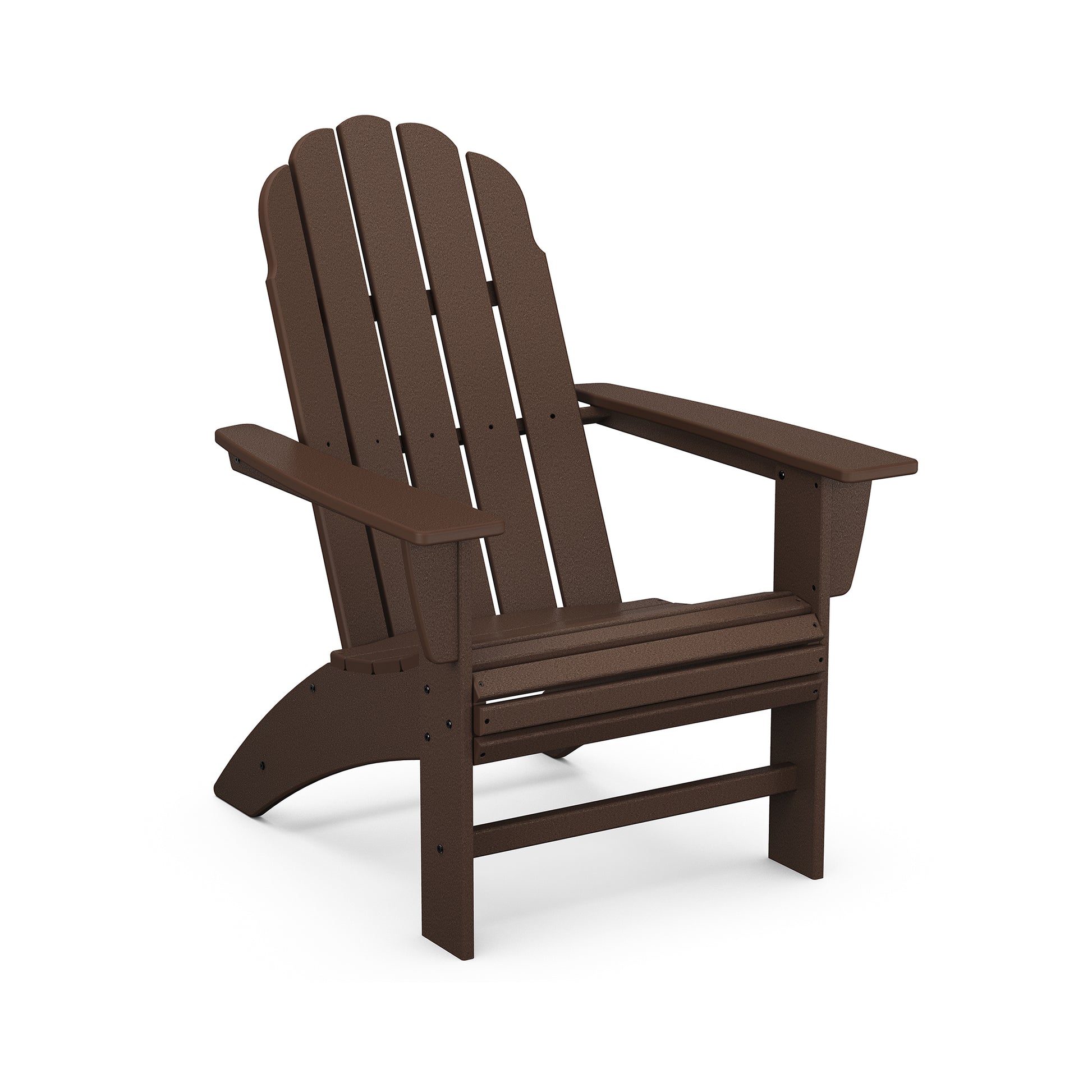 A brown POLYWOOD® Vineyard Curveback Adirondack chair made of synthetic materials, designed with a slatted back and seat, showcasing a contoured design for comfort, set against a plain white background.
