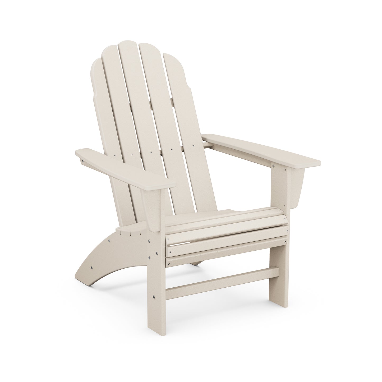 A beige POLYWOOD® Vineyard Curveback Adirondack chair made of plastic, featuring a contoured seat and wide armrests. The chair is displayed against a plain white background.