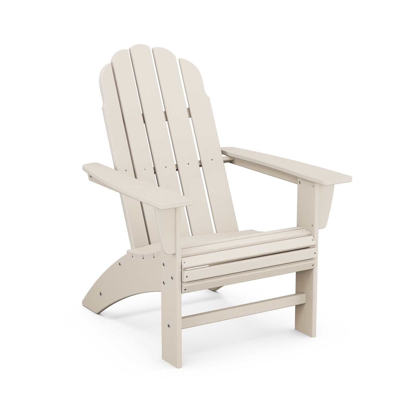White POLYWOOD Vineyard Curveback Adirondack Chair with slatted back, wide armrests, and reclined seat. Weather-resistant design.