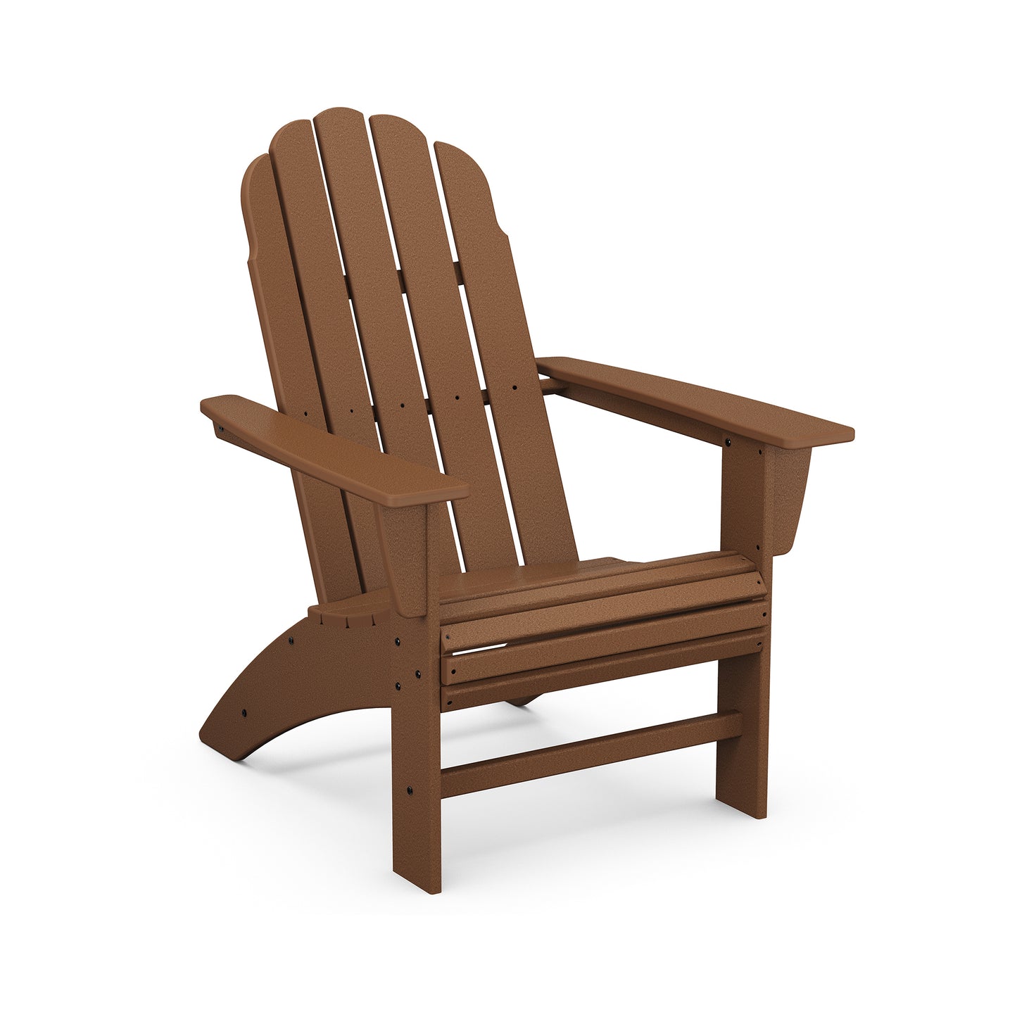 A brown POLYWOOD® Vineyard Curveback Adirondack chair made of plastic, featuring a slatted back and seat design, stands isolated on a white background.