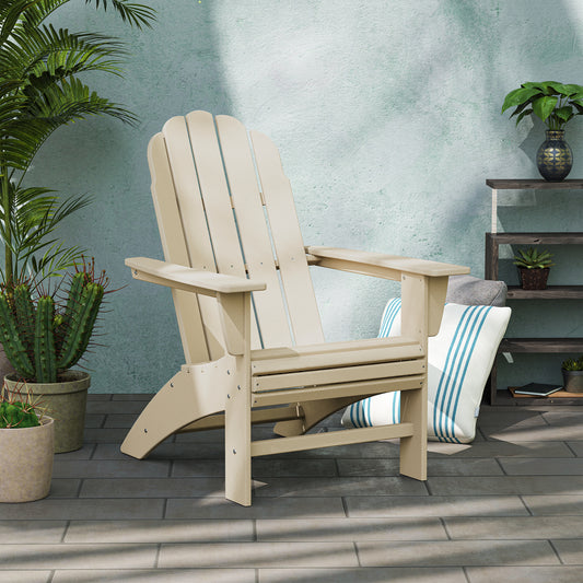 Beige POLYWOOD Vineyard Curveback Adirondack Chair featuring a striped cushion.