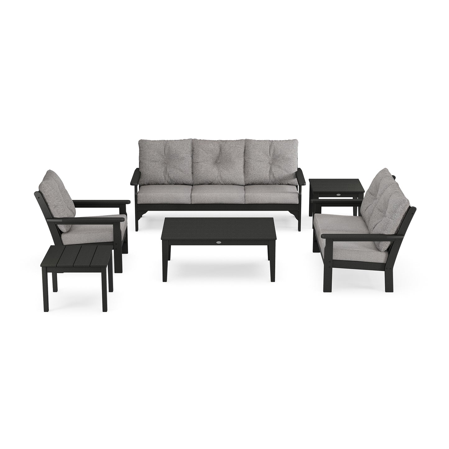 POLYWOOD Vineyard 6-Piece Set with gray cushions on black frames, showcasing a sofa, two chairs, side tables, and a coffee table.