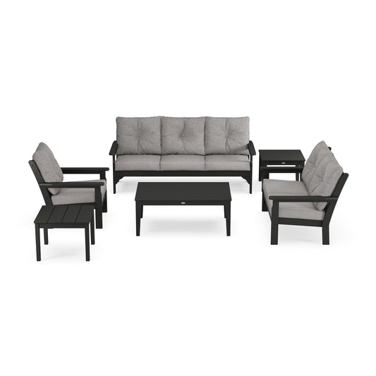 POLYWOOD Vineyard 6-Piece Set with gray cushions on black frames, showcasing a sofa, two chairs, side tables, and a coffee table.