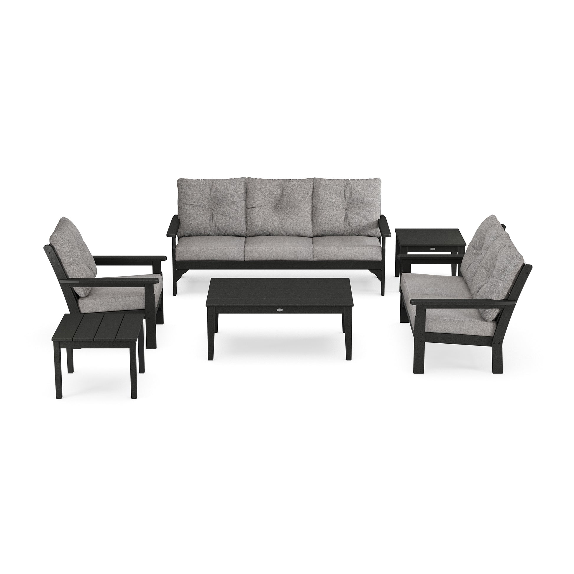 A modern POLYWOOD Vineyard 6-Piece Deep Seating Set, including a sofa with cushions, two armchairs with cushions, a coffee table, and a side table, all in a matching dark gray color scheme.