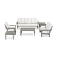 A modern POLYWOOD Vineyard 6-Piece Deep Seating Set on a white background, including a sofa with white cushions, two armchairs, a coffee table, and two side tables, all in matching gray.