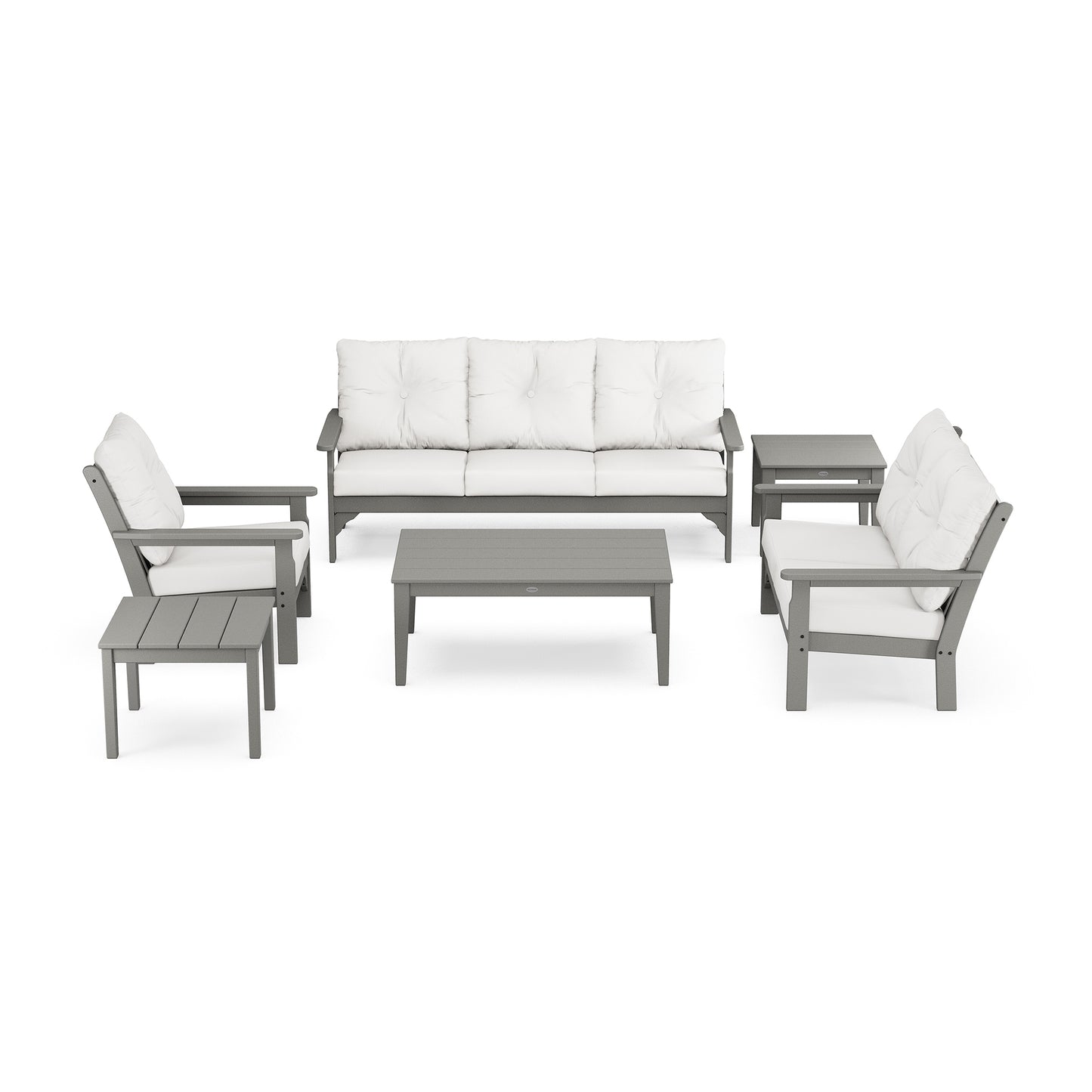 A modern POLYWOOD Vineyard 6-Piece Deep Seating Set on a white background, including a sofa with white cushions, two armchairs, a coffee table, and two side tables, all in matching gray.