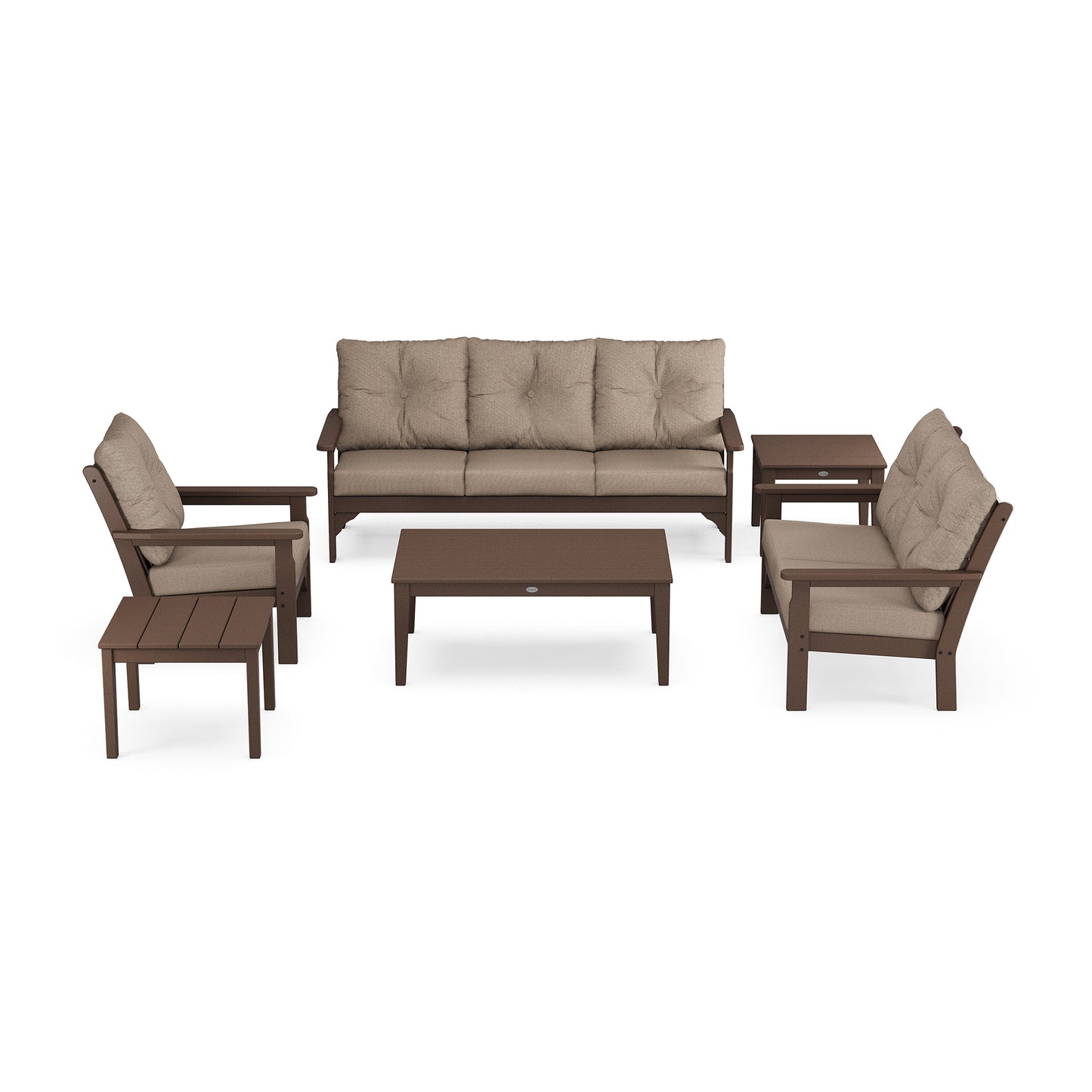 POLYWOOD Vineyard 6-Piece Deep Seating Set featuring a brown sofa, armchairs, tables, and luxurious beige tufted cushions.