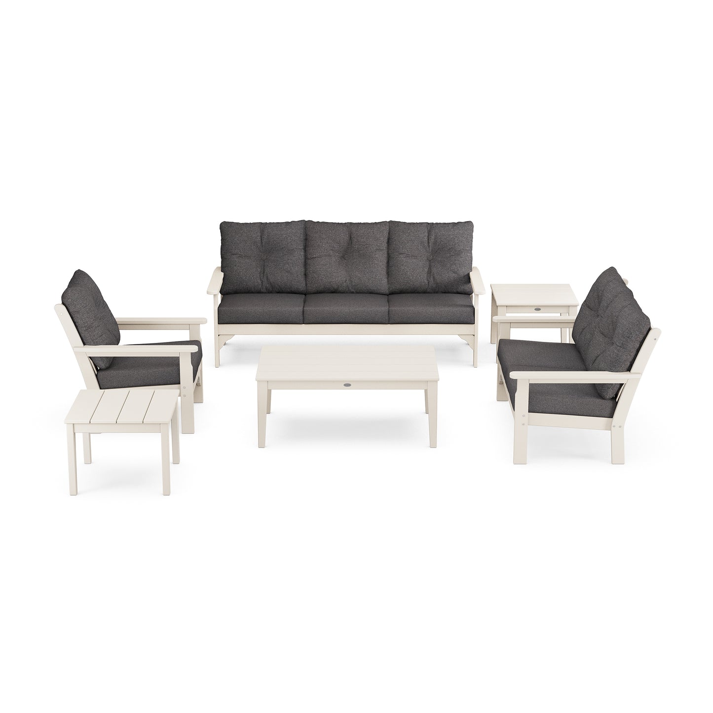 POLYWOOD Vineyard 6-Piece Set with white coffee table, end tables, and dark gray cushions made from weather-resistant recycled plastic.