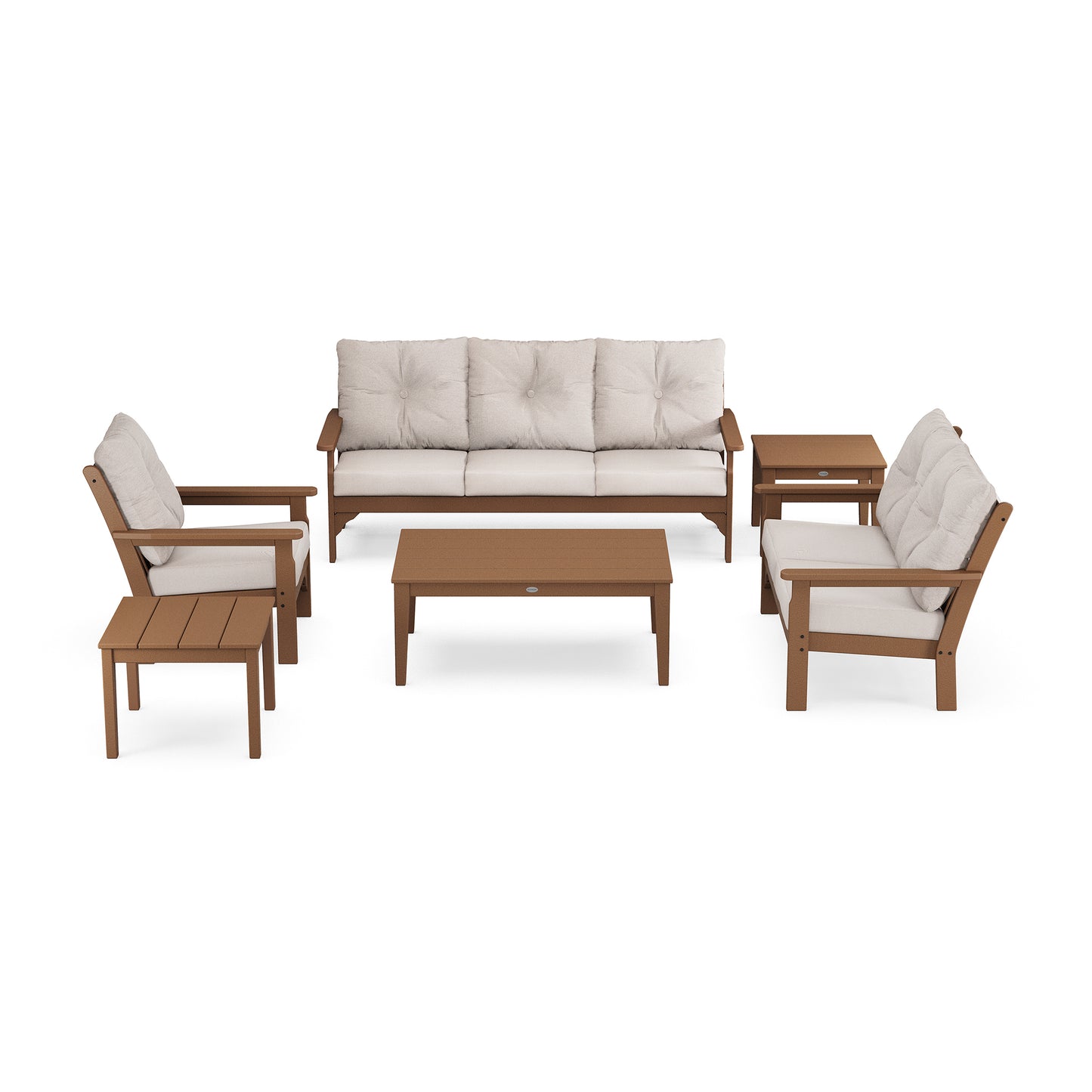 A set of outdoor POLYWOOD luxury furniture featuring a sofa, two chairs with cushions, and a coffee table, all in matching brown synthetic material, against a white background.