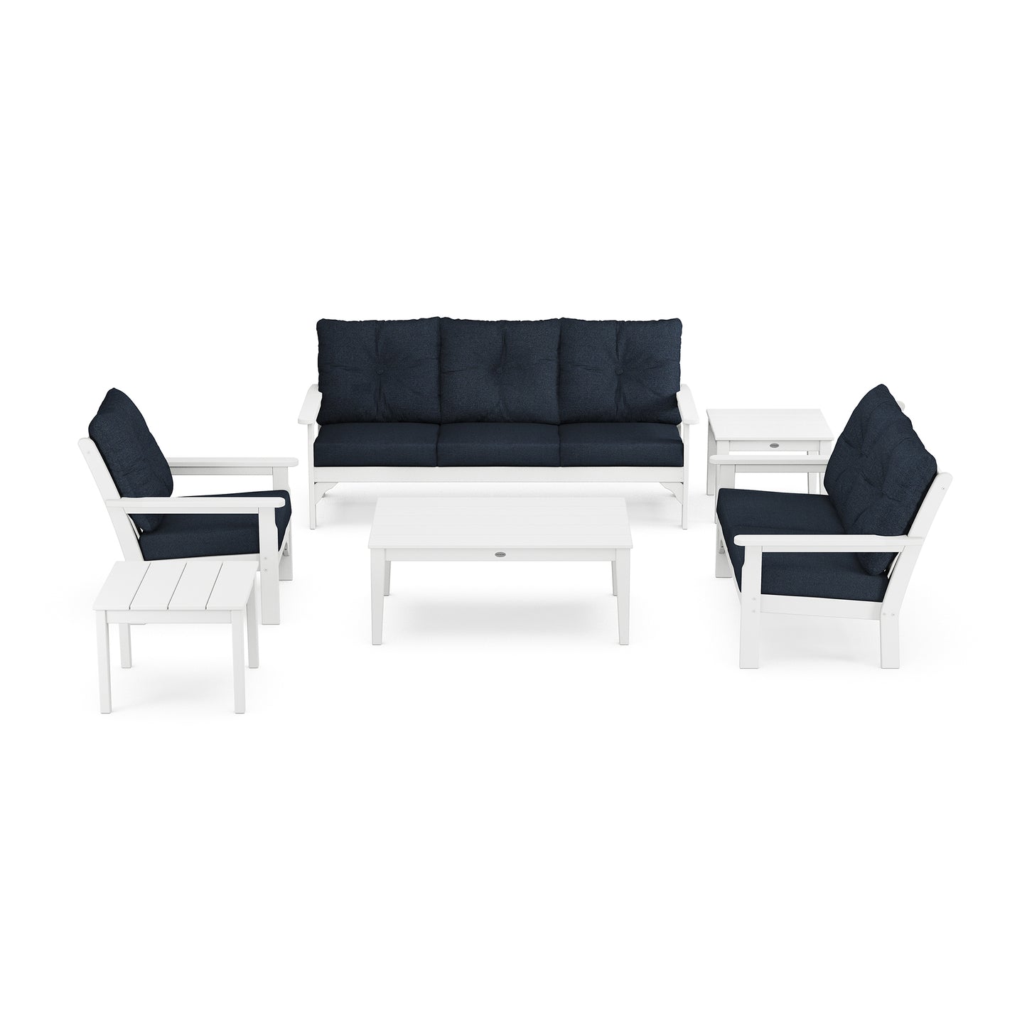 Modern outdoor luxury POLYWOOD Vineyard 6-Piece Deep Seating Set on a white background, including a sofa, two chairs with navy cushions, a coffee table, and a side table, all in coordinated white frames from the POLYWOOD Deep Se
