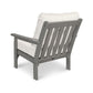 A gray POLYWOOD Vineyard Deep Seating Chair made of slatted plastic, featuring armrests and a thick white all-weather fabric cushion, isolated on a white background.